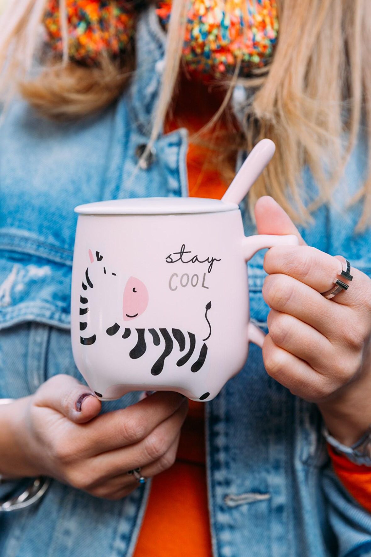 Cool Zebra Kaşıklı Seramik Kupa Bardağı 