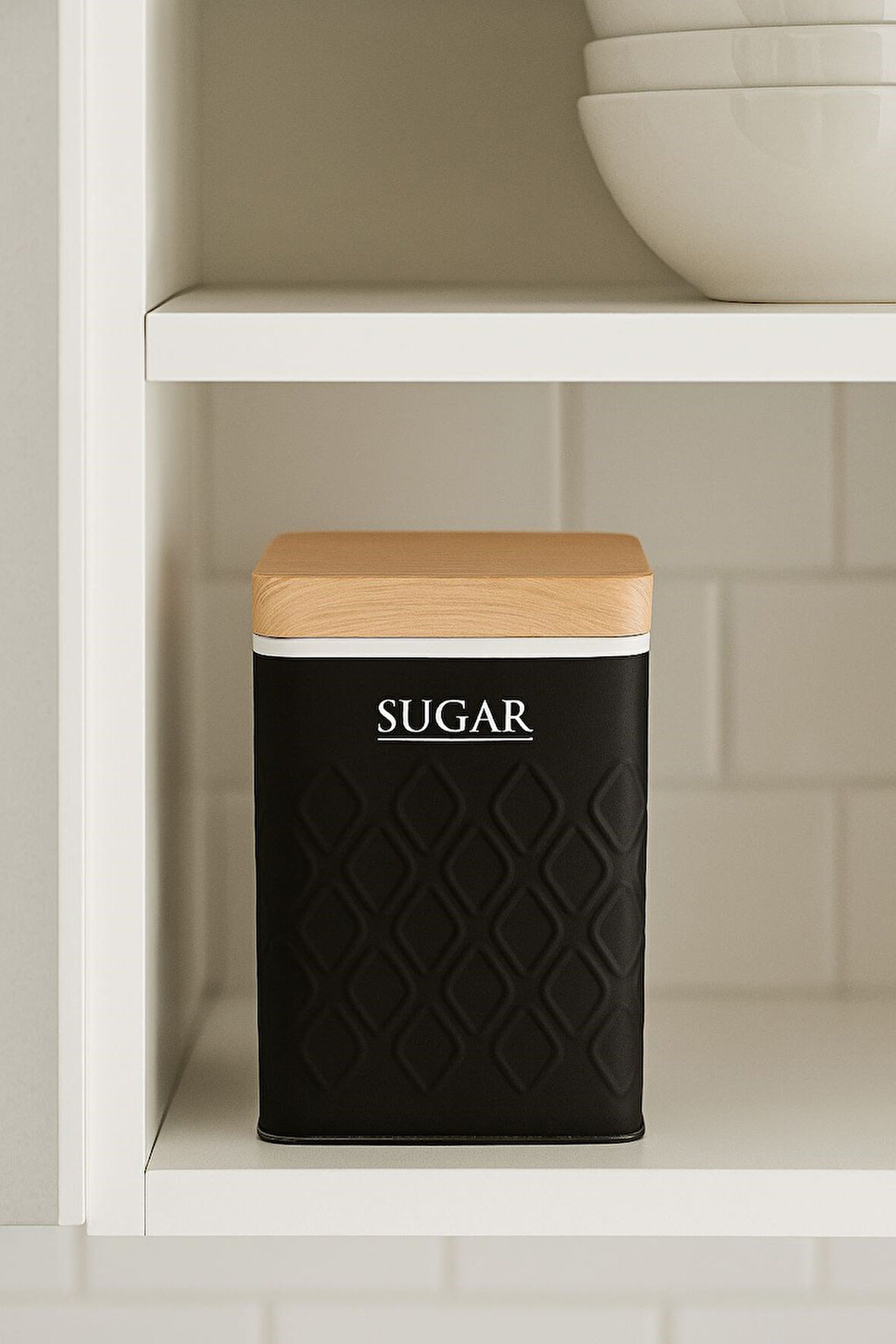 Ahşap Görünümlü Metal Kapaklı 1 Adet Gofreli Siyah Şeker Saklama Kutusu & Kavanoz 17*11*8 cm