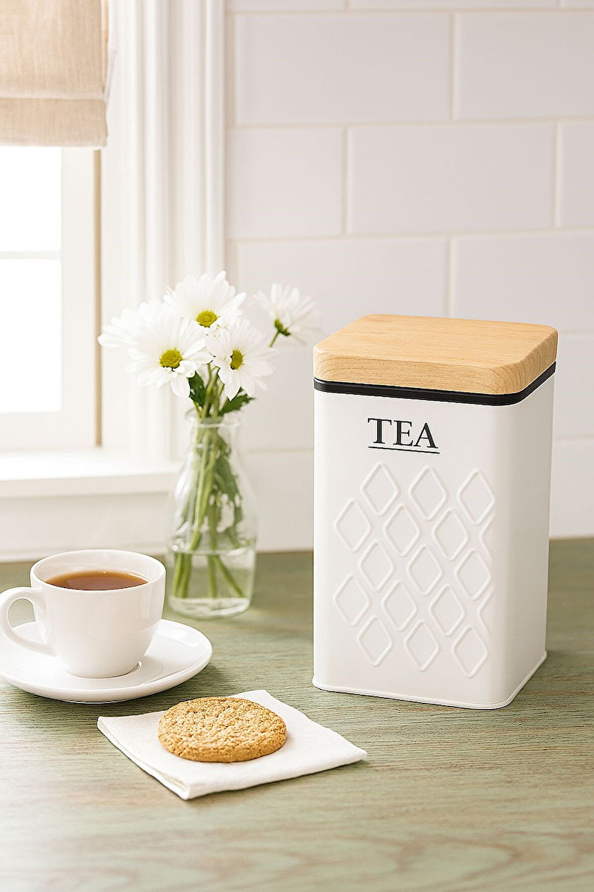 Ahşap Görünümlü Metal Kapaklı 1 Adet Gofreli Beyaz Çay Saklama Kutusu & Kavanoz 17*11*8 cm