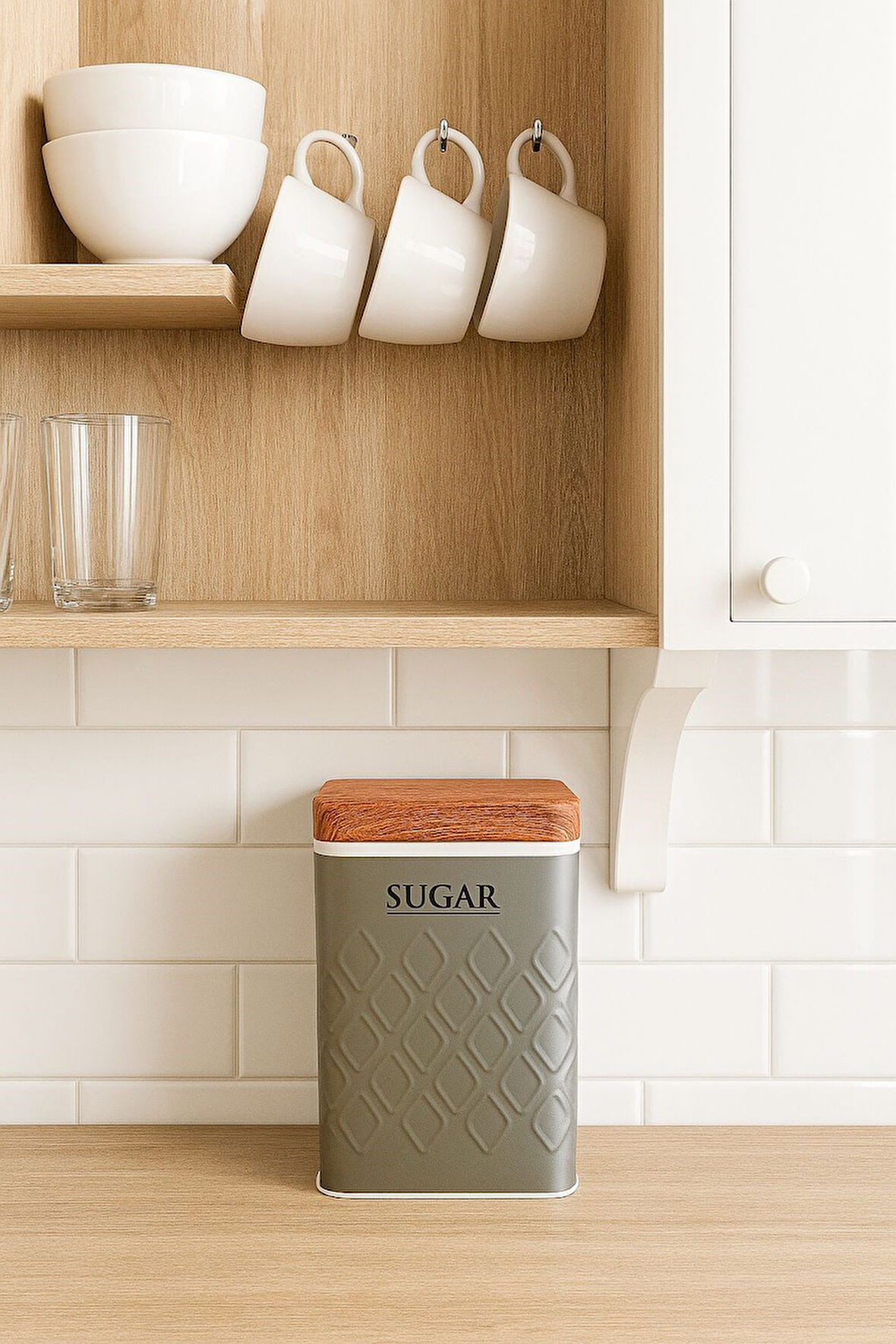 Ahşap Görünümlü Metal Kapaklı 1 Adet Gofreli Gri Şeker Saklama Kutusu & Kavanoz 17*11*8 cm