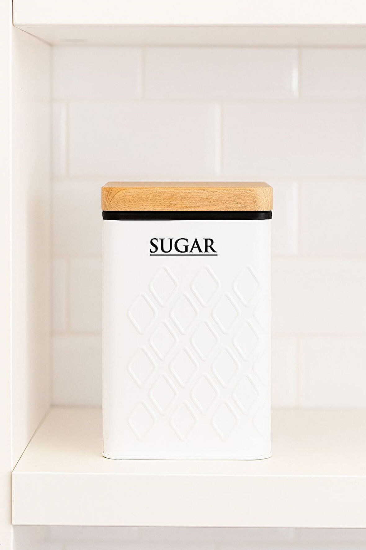 Ahşap Görünümlü Metal Kapaklı 1 Adet Gofreli Beyaz Şeker Saklama Kutusu & Kavanoz 17*11*8 cm