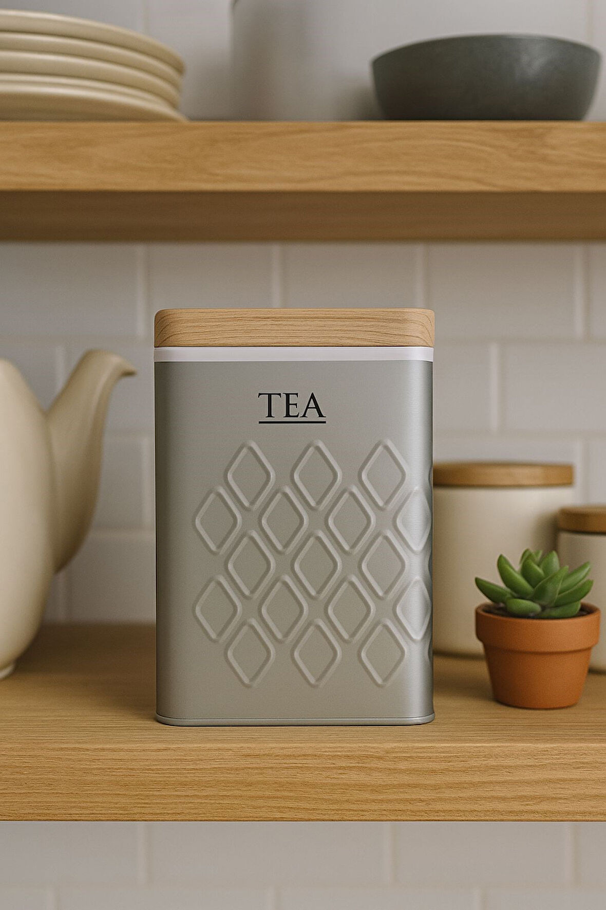Ahşap Görünümlü Metal Kapaklı 1 Adet Gofreli Gri Çay Saklama Kutusu & Kavanoz 17*11*8 cm
