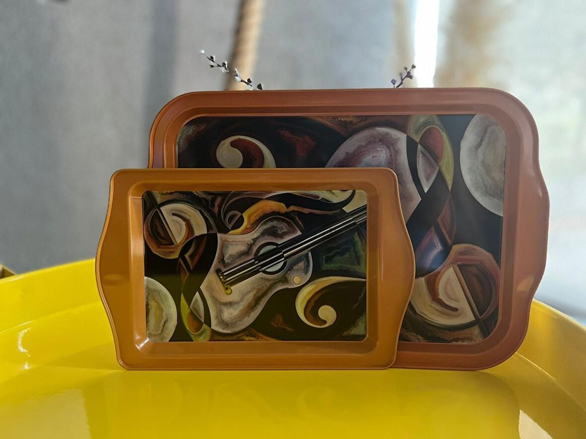 2'li Sanatsal Desenli Metal Tepsi Seti