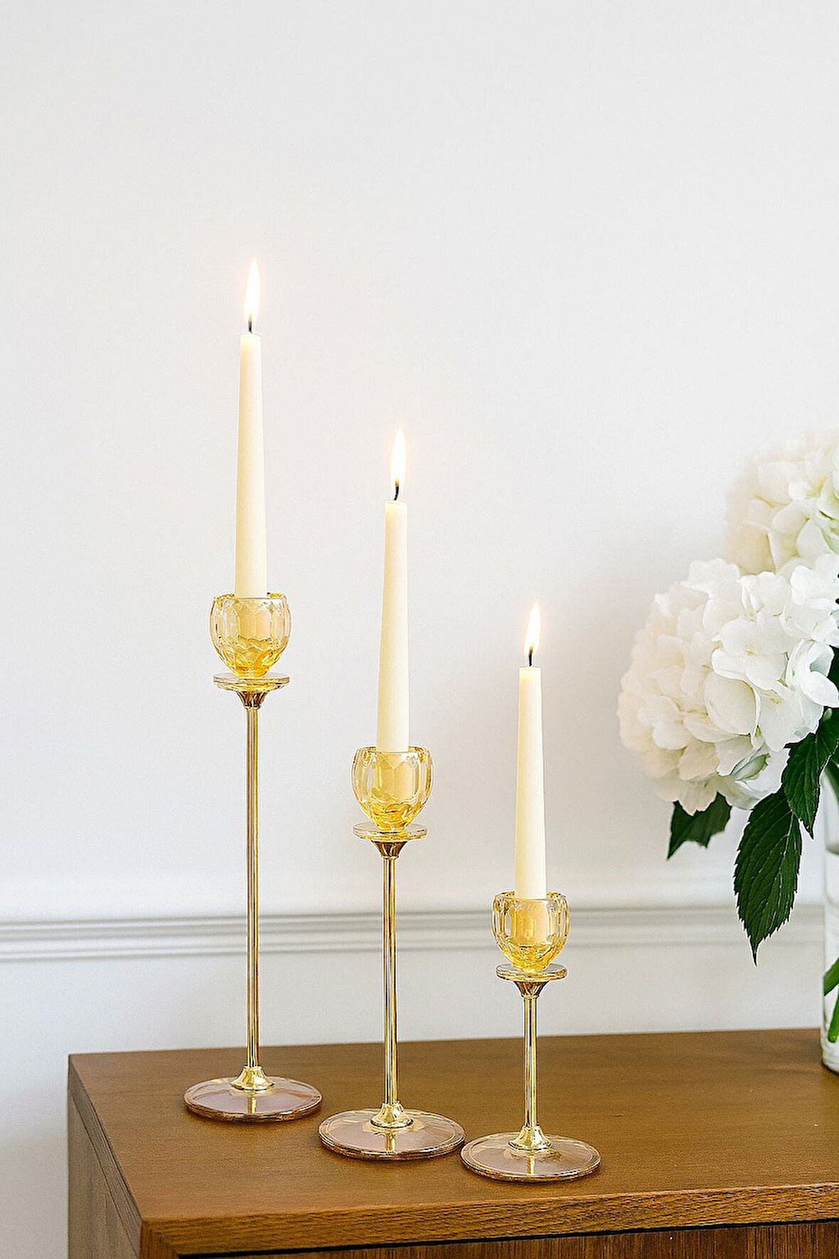 Altın Renkli 3'lü Kristal Cam Mumluk Seti & Altın Dekoratif Şamdan Takımı