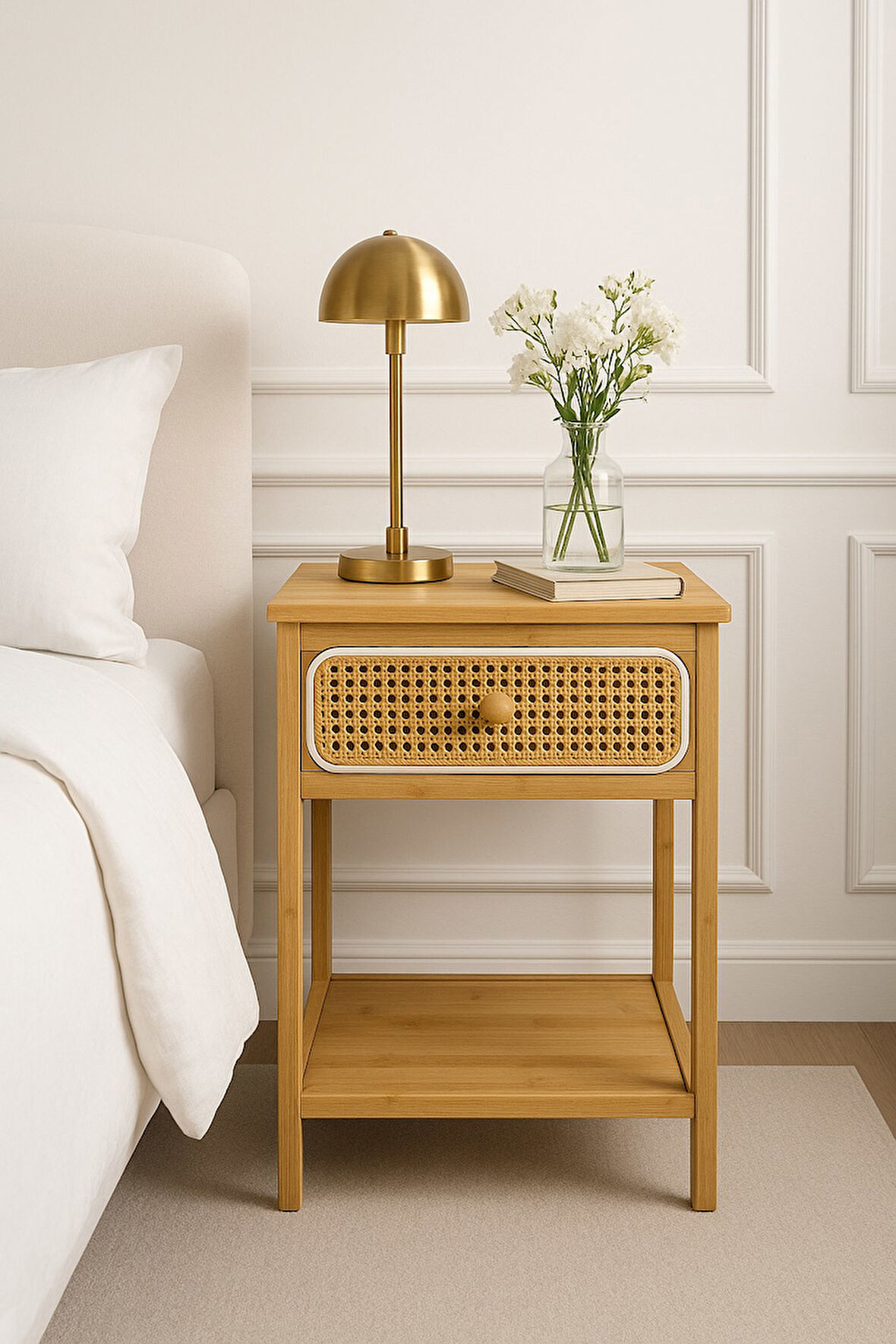 Rattan Kapaklı Bambu Yatak Başı Komodin 40*35*60 Cm