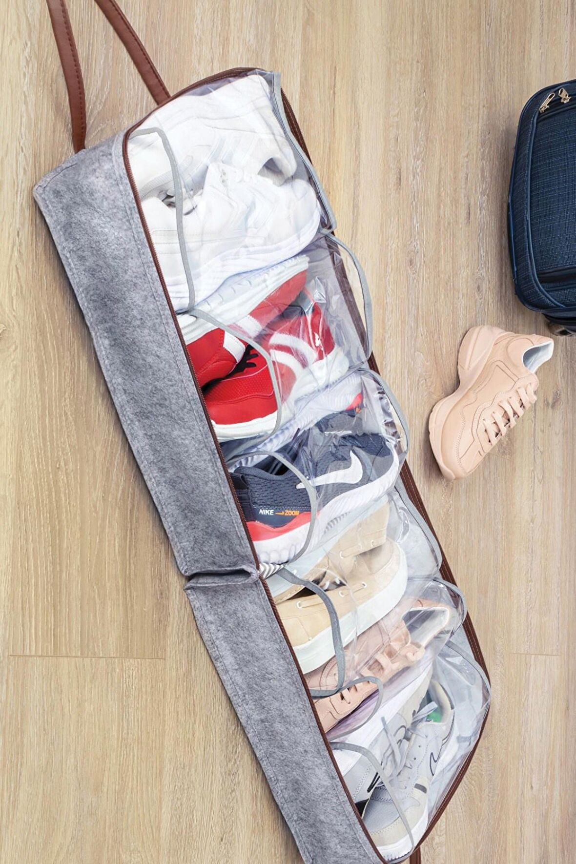 Lüks Gri Keçe Deri Ayakkabı Seyahat Çantası