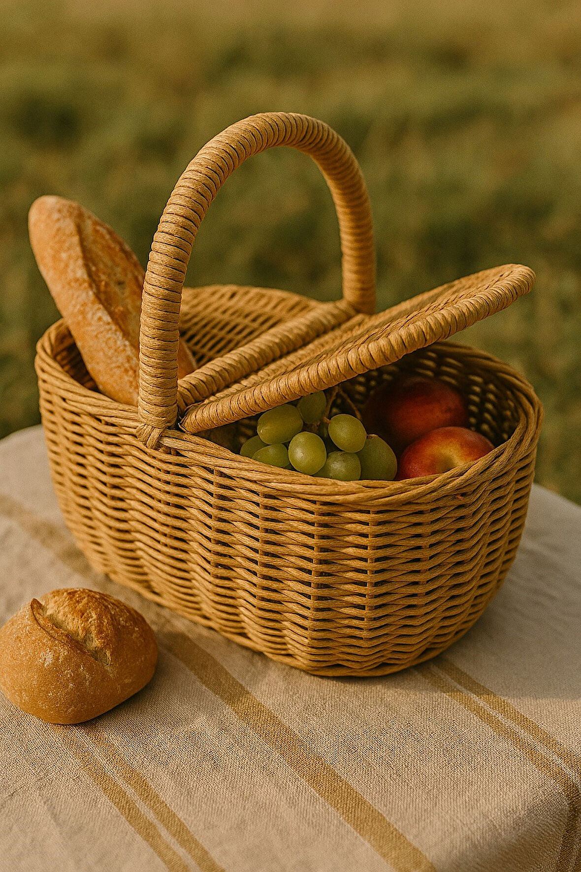 Doğal Renk Hasır Kapaklı Piknik Sepeti – El Yapımı Rattan Görünümlü 22x19 cm