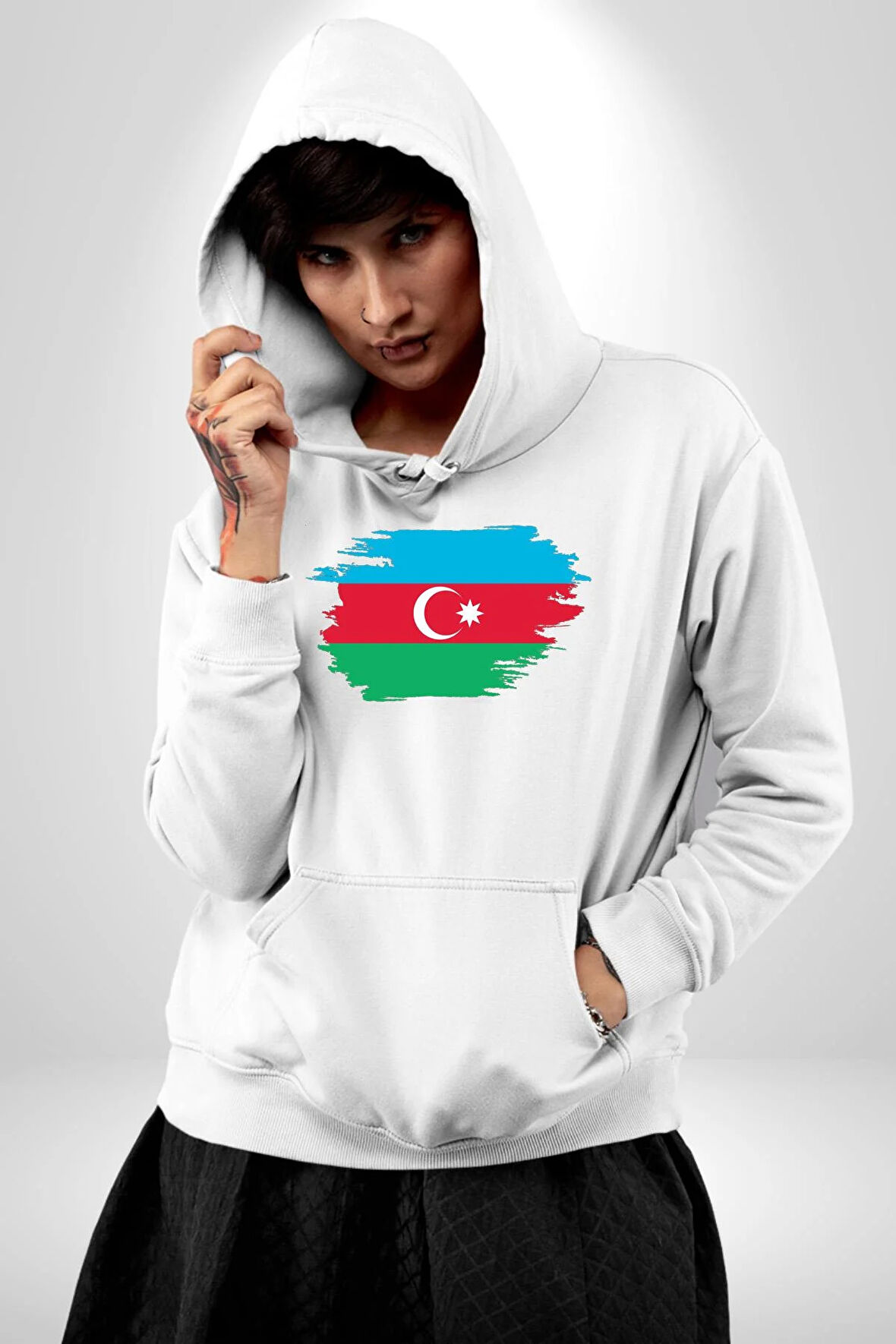 Azerbeycan Bayrağı Kadın Erkek  Beyaz Kapüşonlu Sweatshirt Hoodie