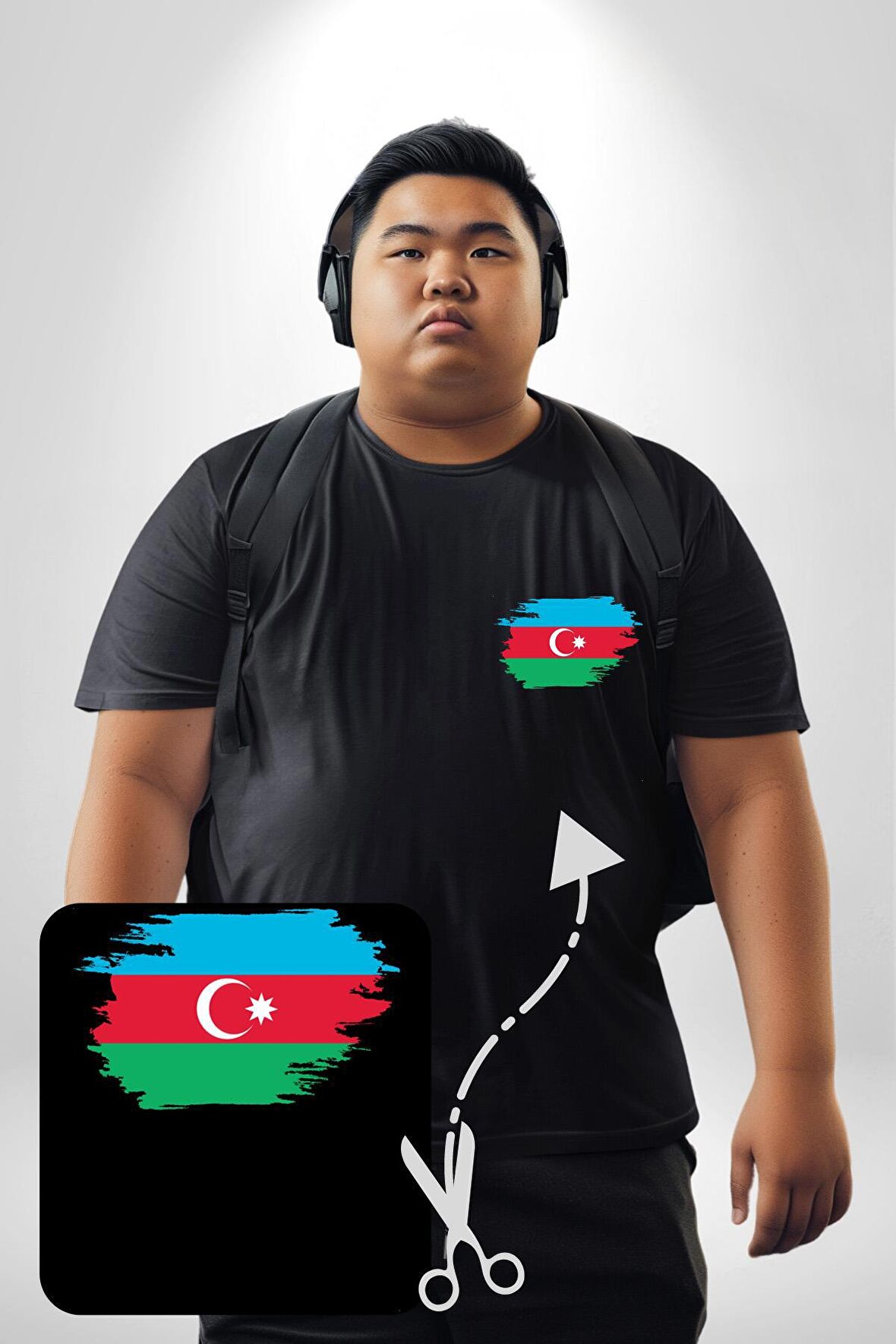 Azerbeycan Bayrağı Siyah Büyük Beden Kadın Basic Minimal Baskılı Tişört
