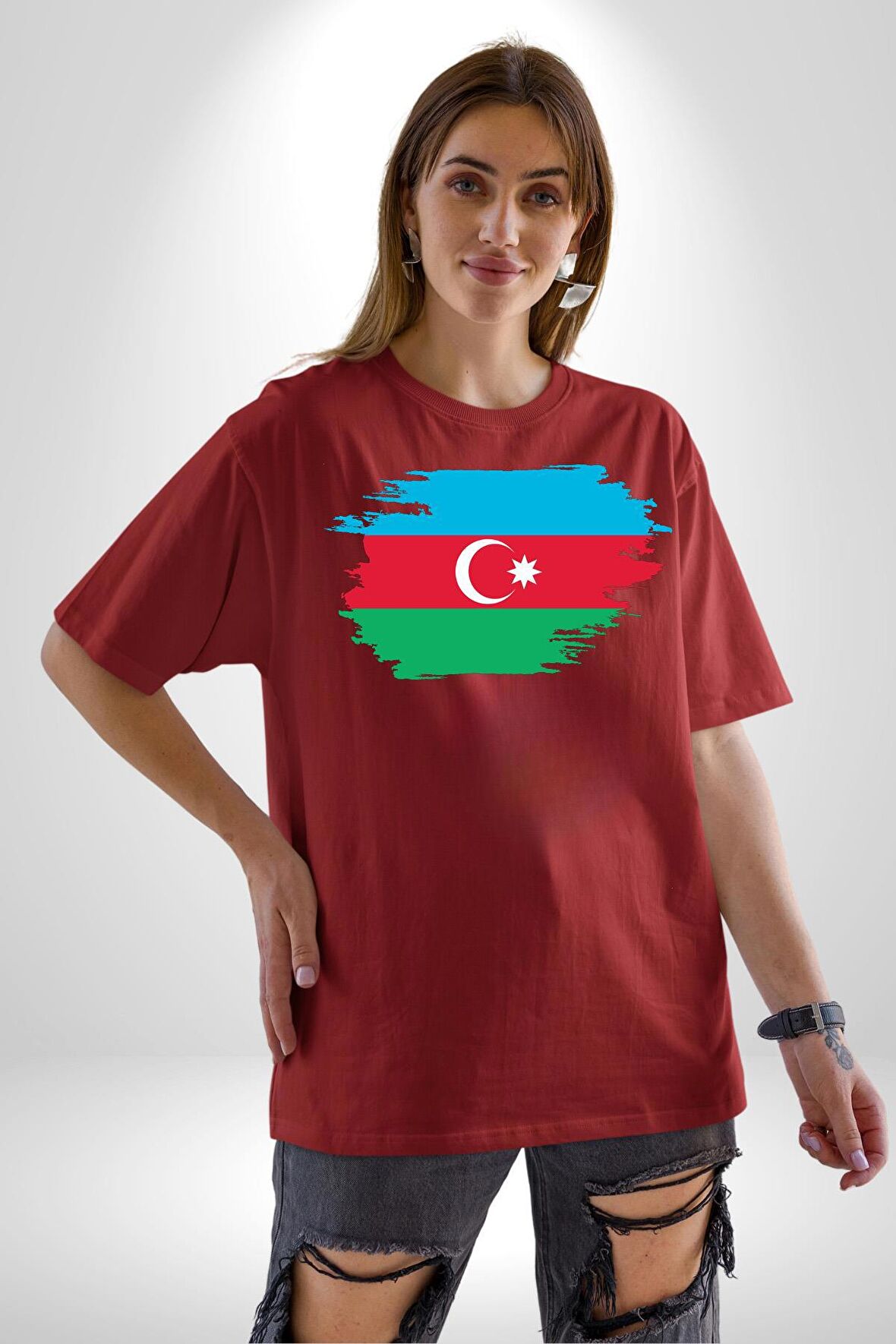 Azerbeycan Bayrağı Pamuklu Bisiklet Yaka Kadın Erkek Oversize Boyfriend Dijital Baskılı Kırmızı T-shirt