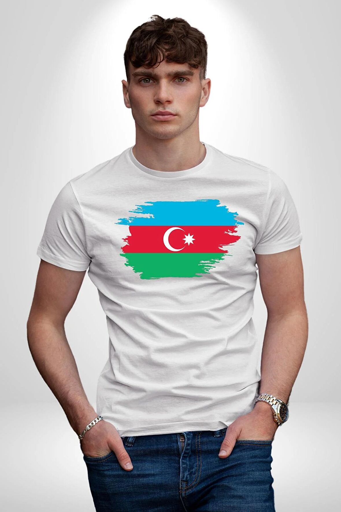 Azerbeycan Bayrağı Kadın Erkek Unisex Beyaz Organik Baskılı T-Shirt Penye Yüksek Kalite