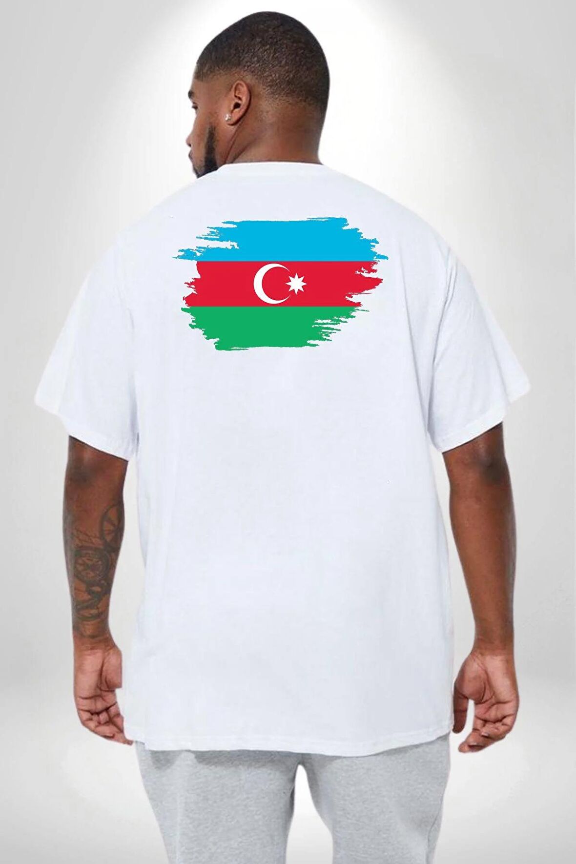 Azerbeycan Bayrağı Büyük Beden Beyaz Tişört Kadın Erkek Ünisex Sırt Baskılı