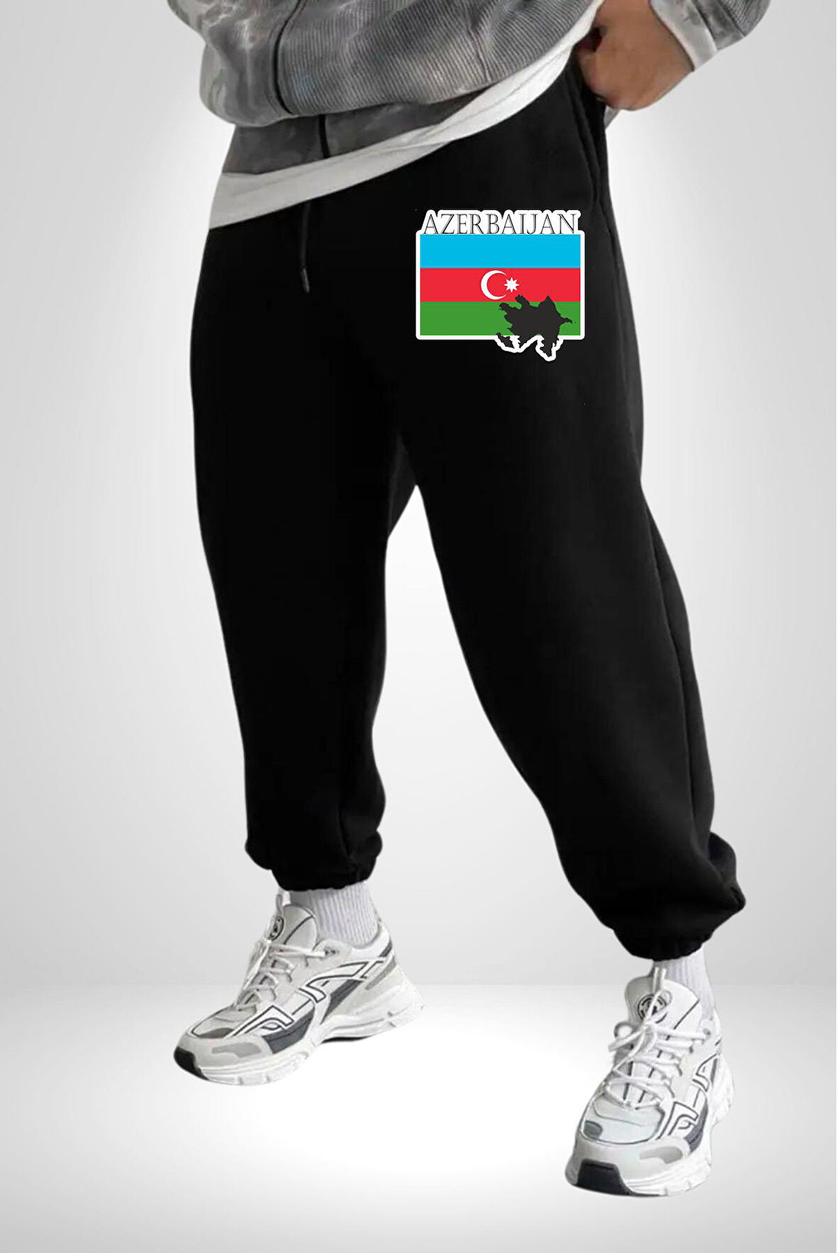 Azerbeycan Bayrak Ülke  3 İplik Erkek Baskılı Siyah Eşofman Altı