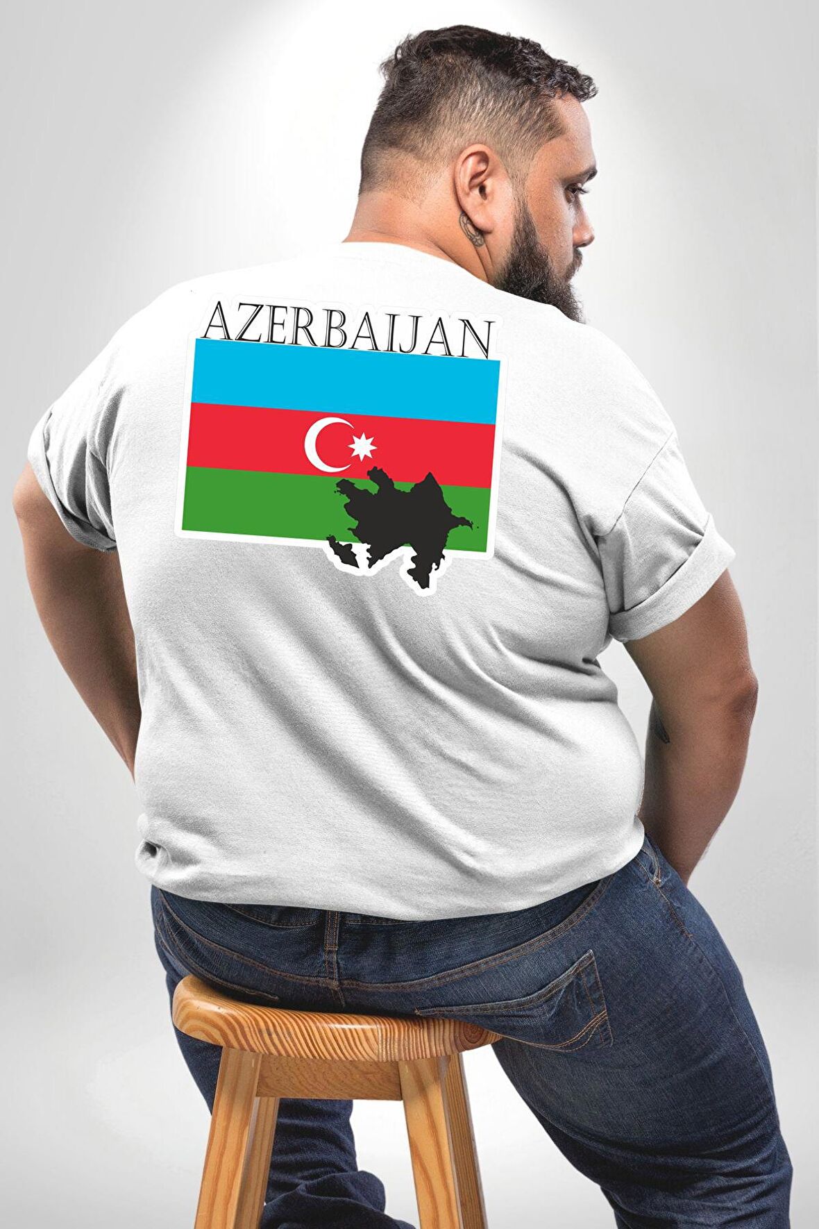 Azerbeycan Bayrak Ülke  Büyük Beden Beyaz Tişört Kadın Erkek Ünisex Sırt Baskılı