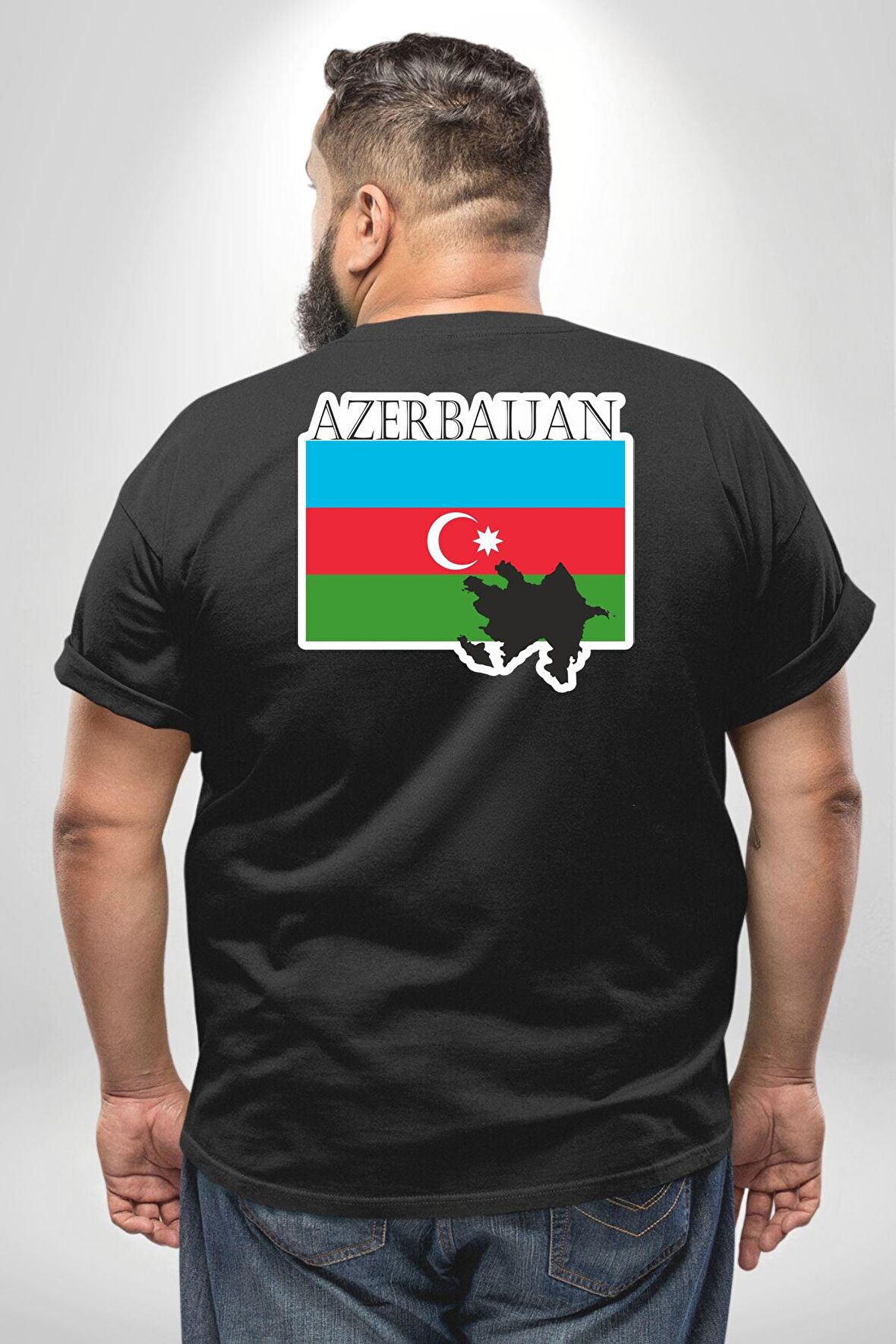 Azerbeycan Bayrak Ülke  Büyük Beden Siyah Tişört Kadın Erkek Ünisex Sırt Baskılı
