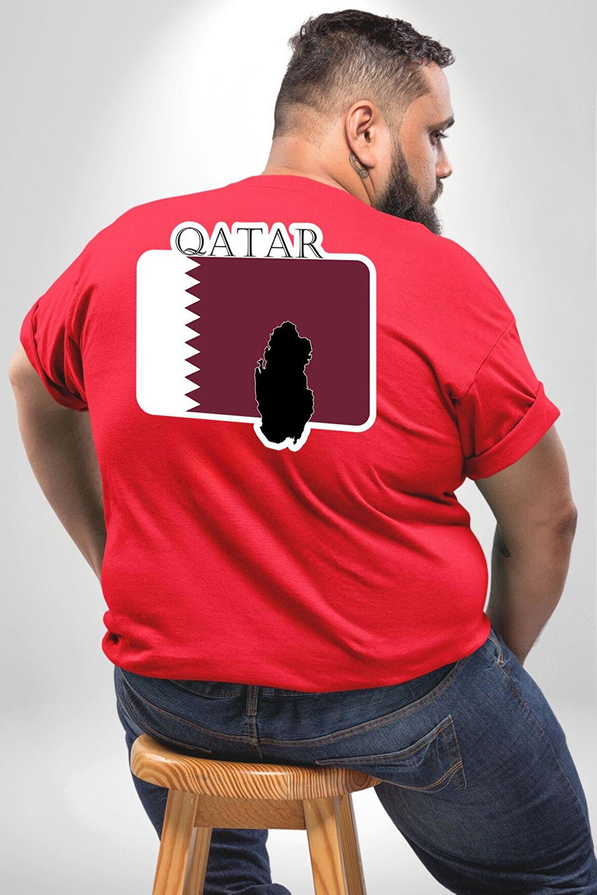 Katar Bayrağı Büyük Beden Kırmızı Tişört Kadın Erkek Ünisex Sırt Baskılı