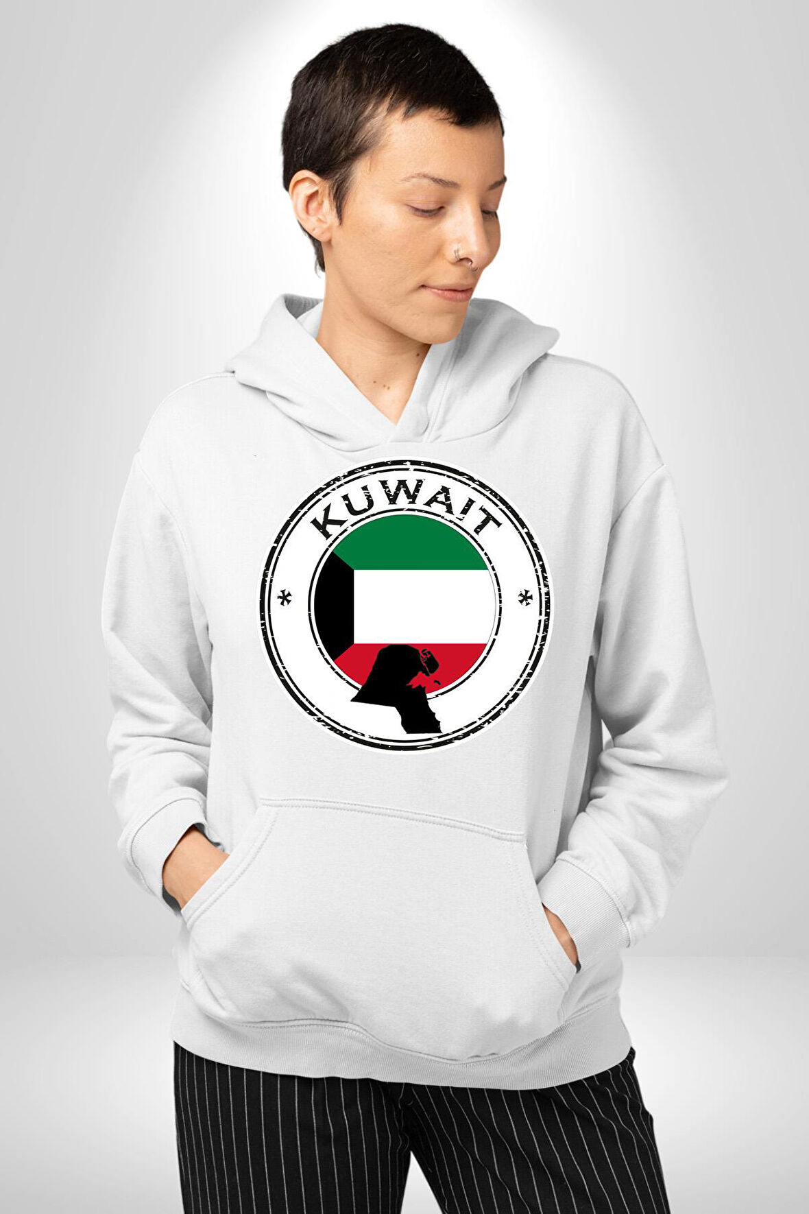 Kuveyt Bayrağı Kadın Erkek  Beyaz Kapüşonlu Sweatshirt Hoodie