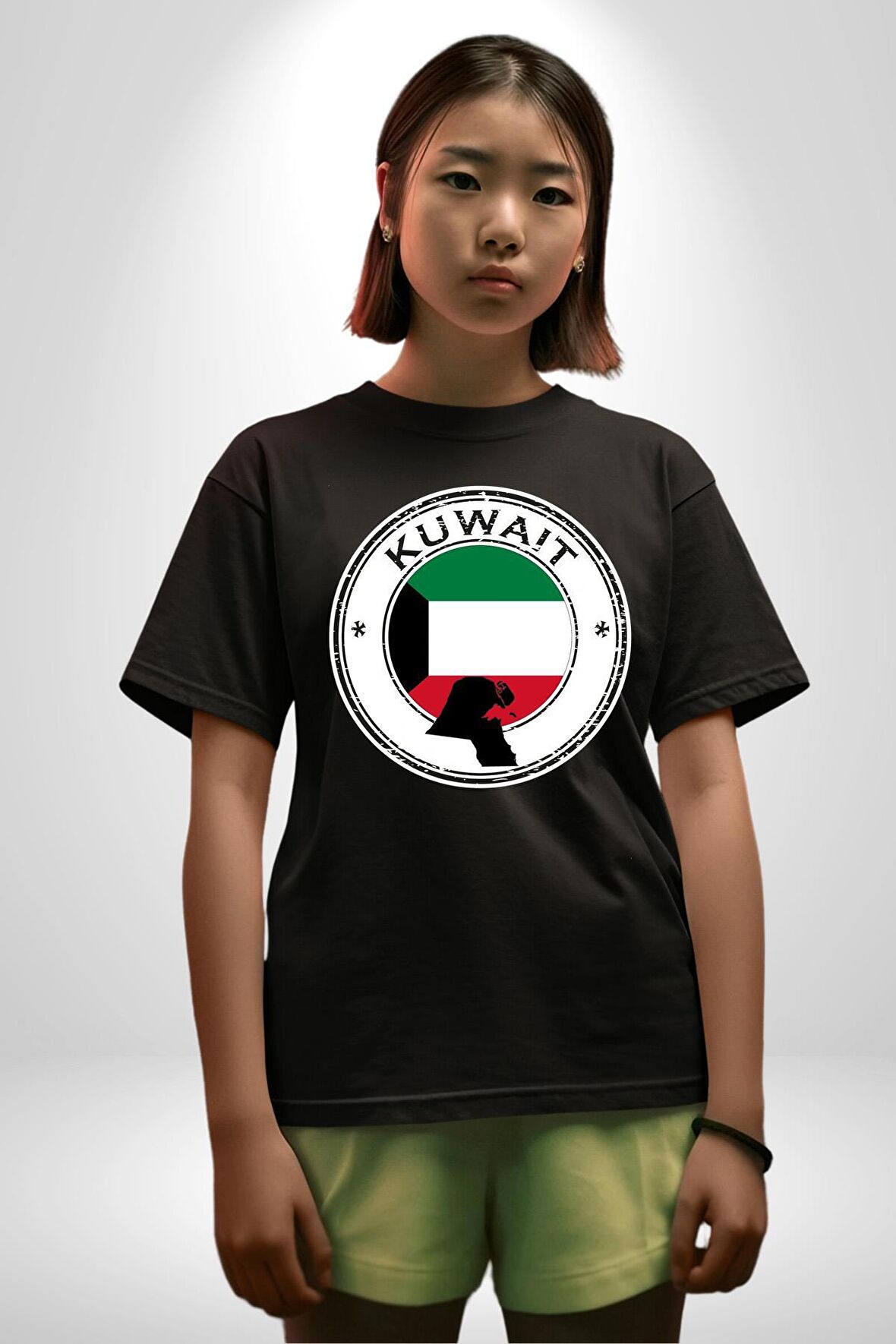 Kuveyt Bayrağı Pamuklu Bisiklet Yaka Kadın Erkek Oversize Boyfriend Dijital Baskılı Siyah T-shirt