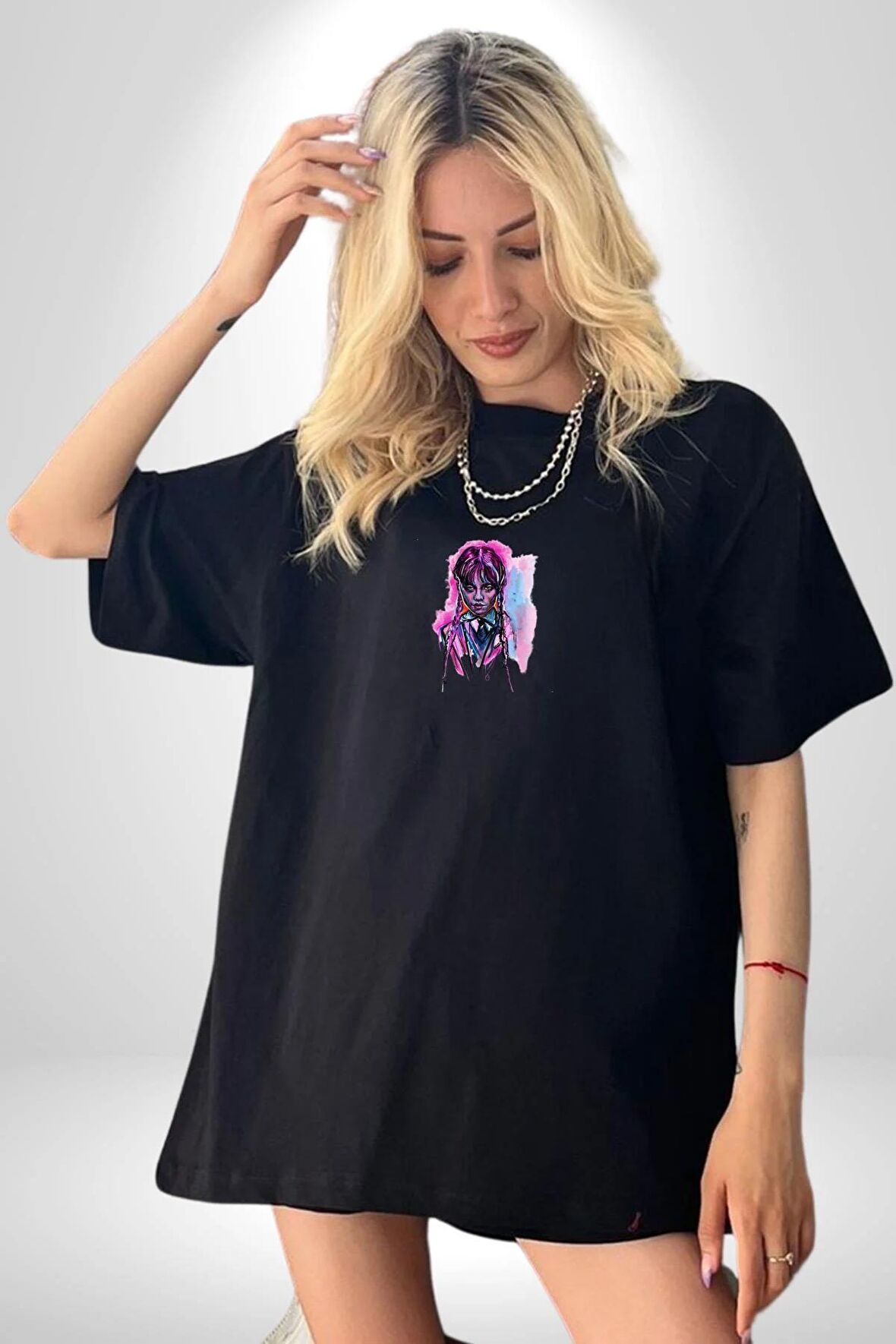 Wednesday Siyah Oversize Kadın Erkek Ön Orta Minimal Baskılı Tişört
