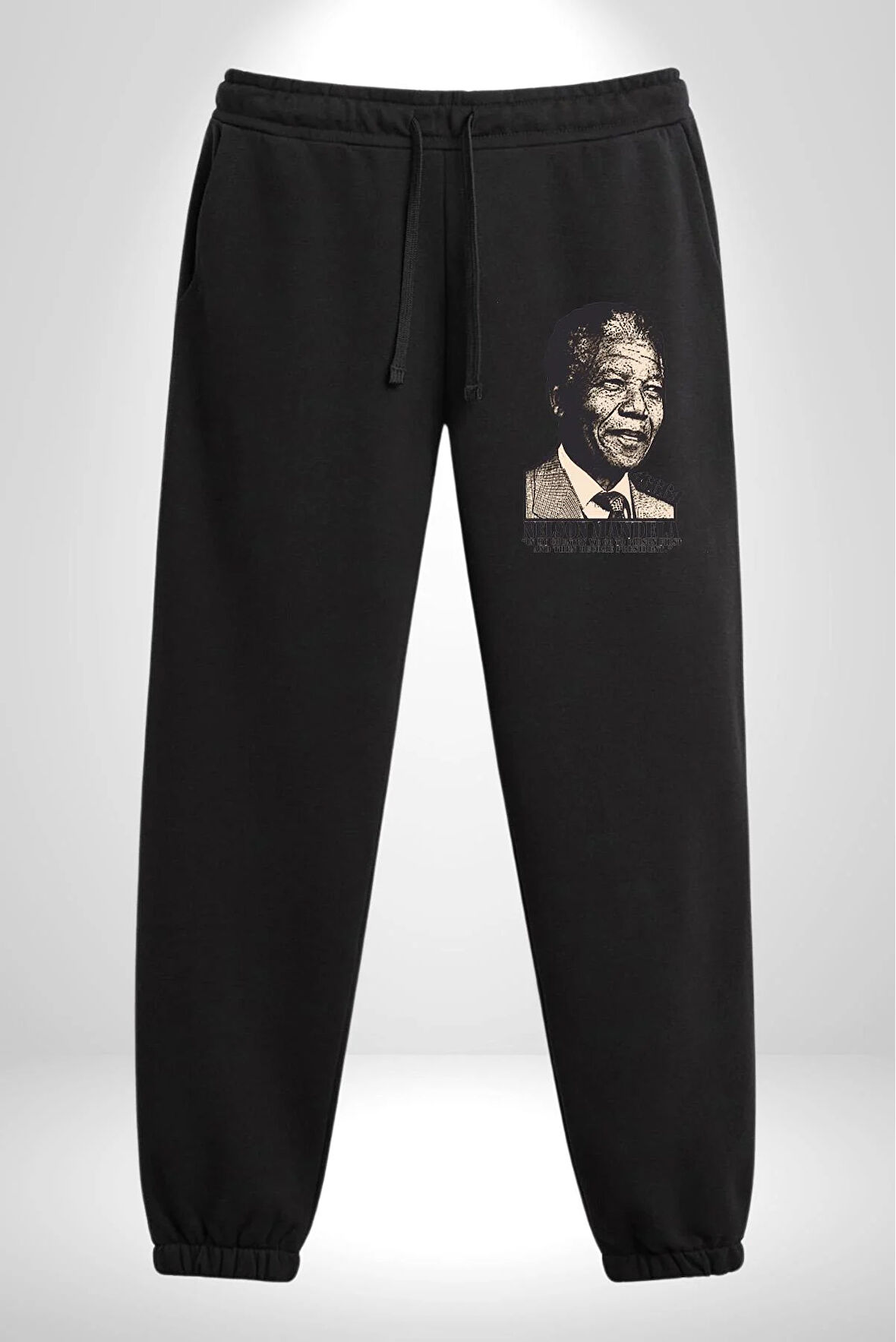 Nelson Mandela 3 İplik Erkek Baskılı Siyah Eşofman Altı