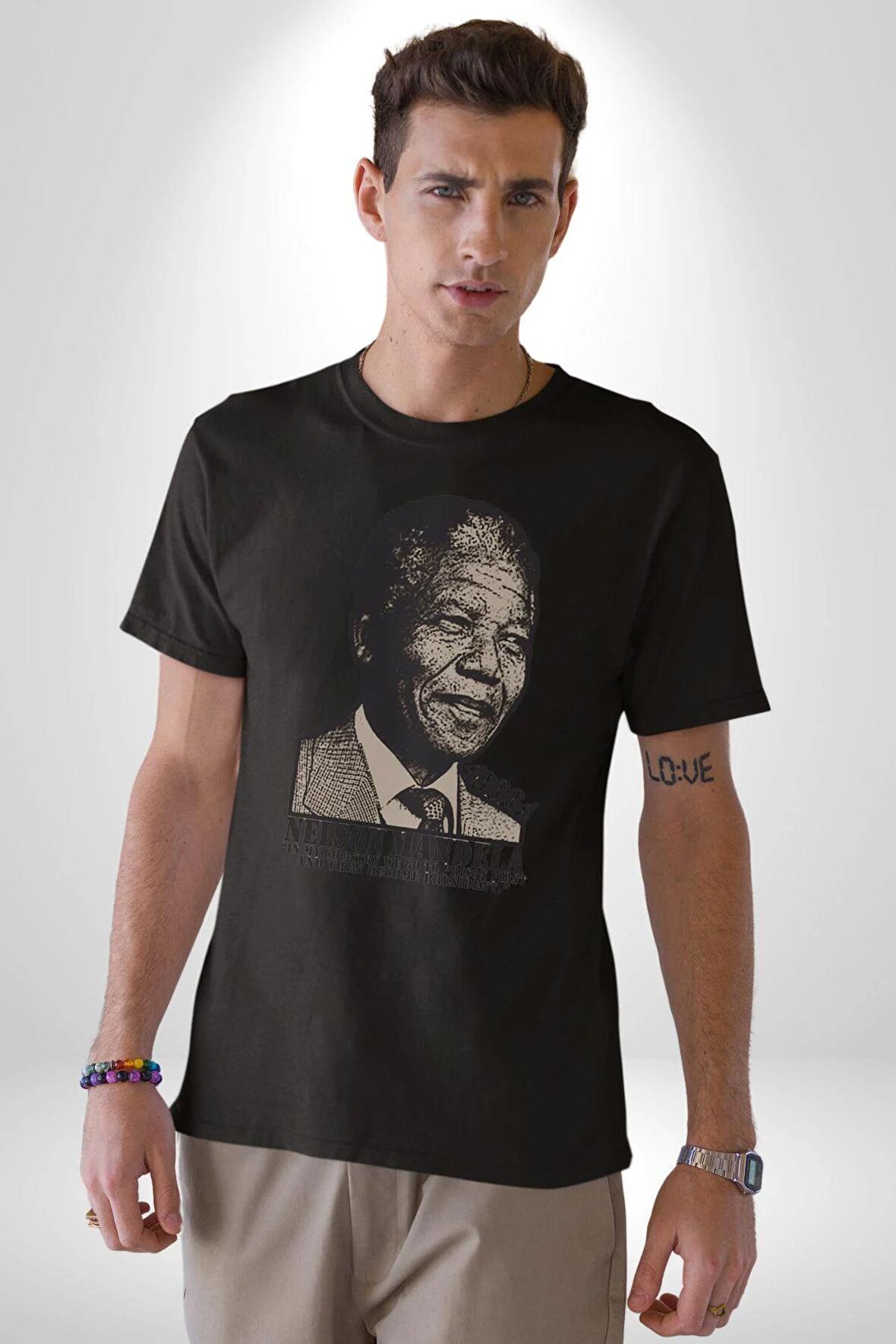 Nelson Mandela Kadın Erkek Unisex Siyah Organik Baskılı T-Shirt Penye Yüksek Kalite