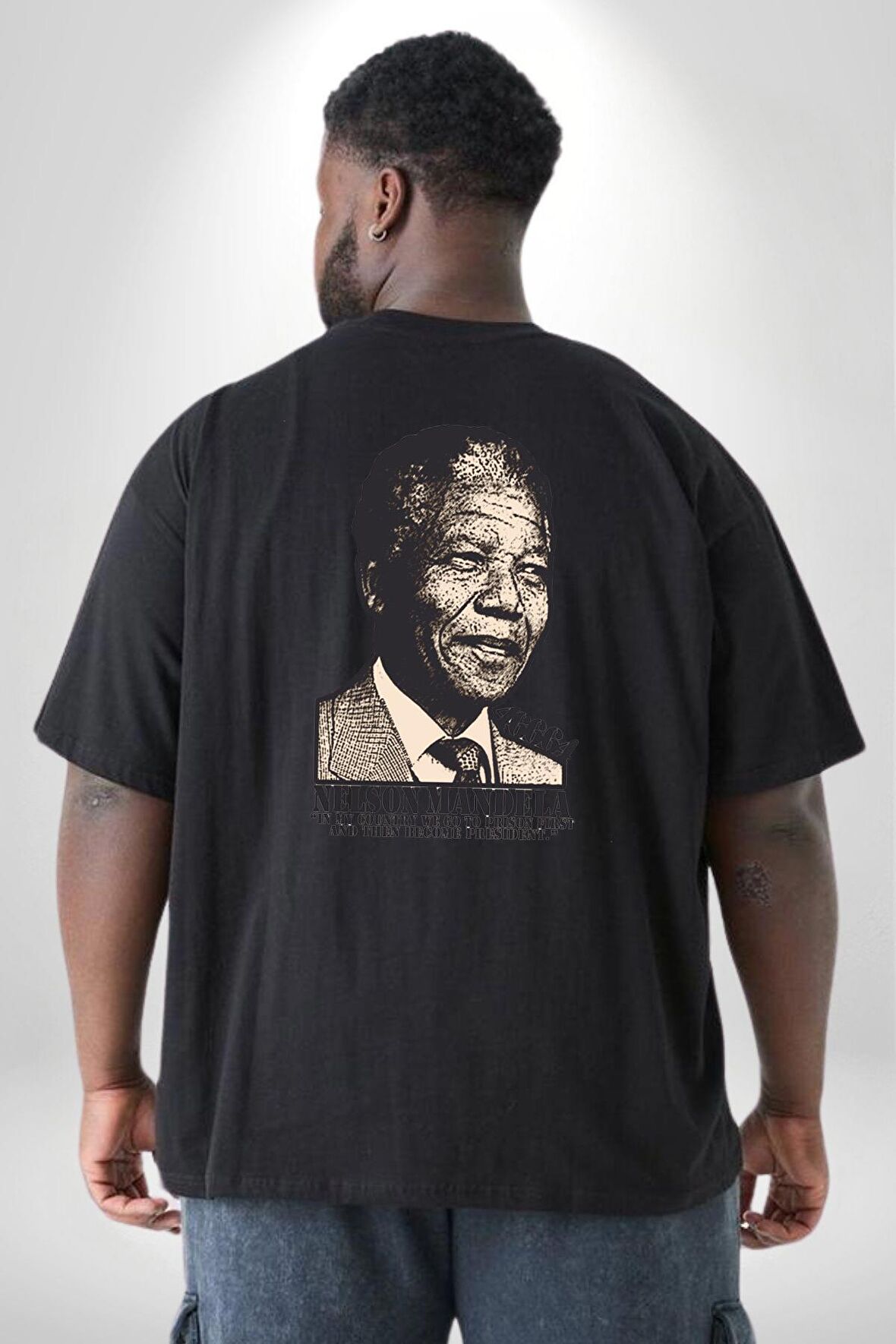 Nelson Mandela Büyük Beden Siyah Tişört Kadın Erkek Ünisex Sırt Baskılı