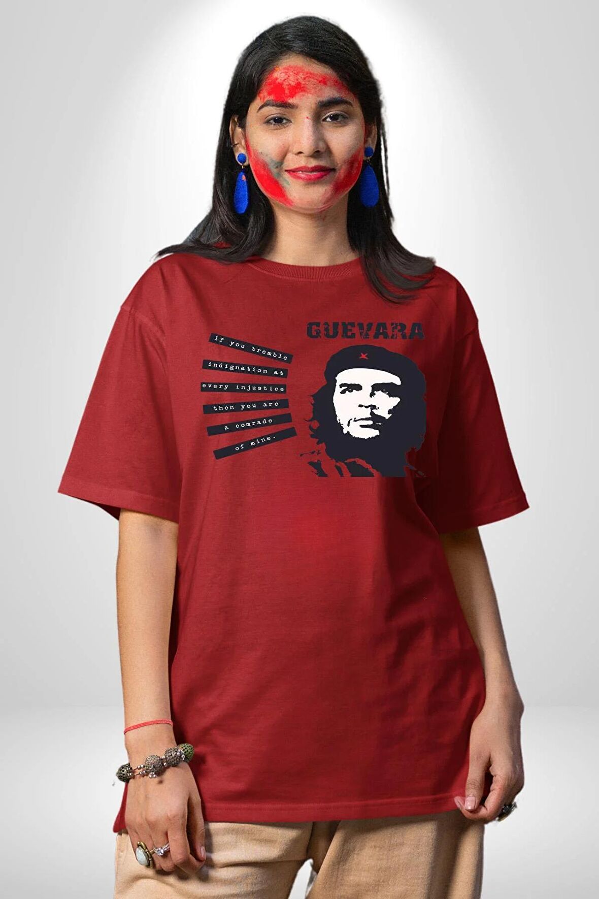 Che Guevara  Pamuklu Bisiklet Yaka Kadın Erkek Oversize Boyfriend Dijital Baskılı Kırmızı T-shirt