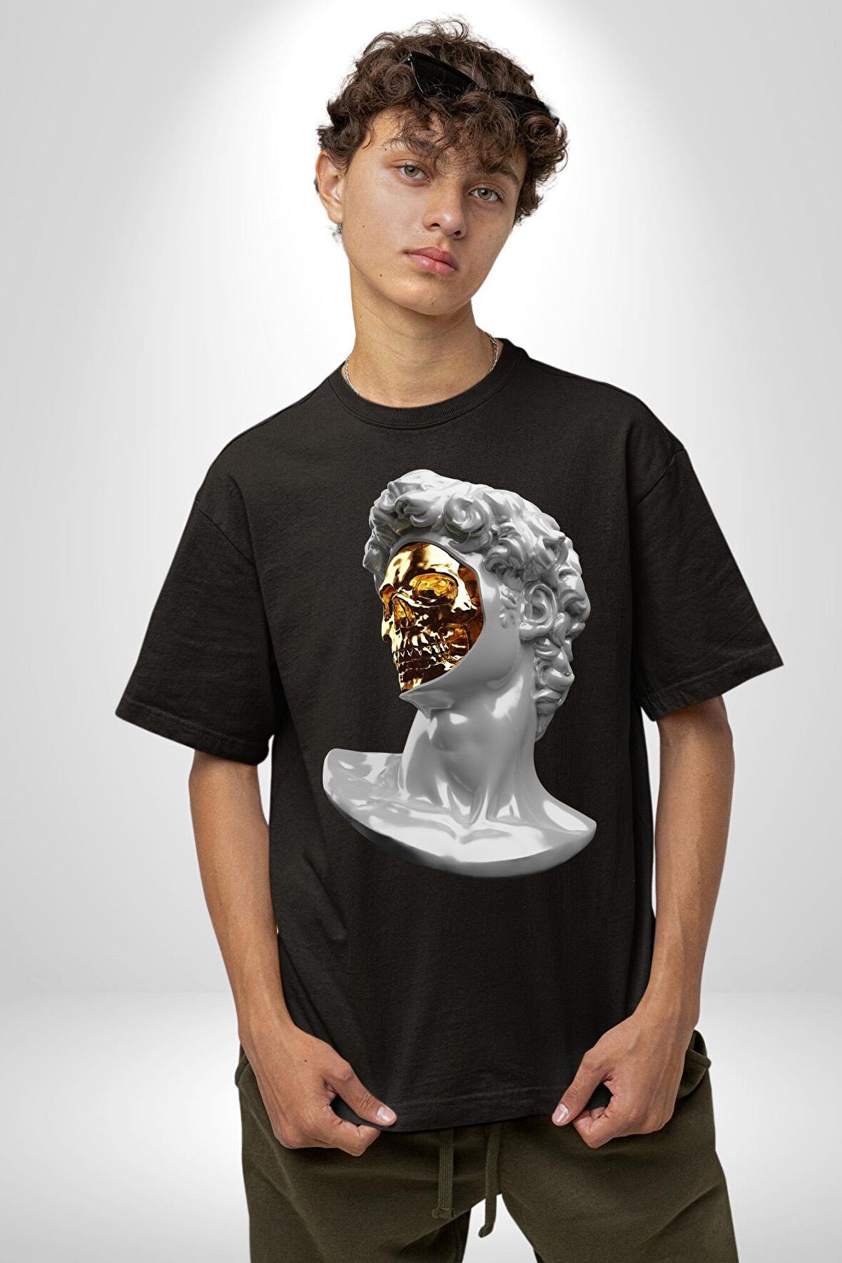 Modern Sanat Apollo Pamuklu Bisiklet Yaka Kadın Erkek Oversize Boyfriend Dijital Baskılı Siyah T-shirt