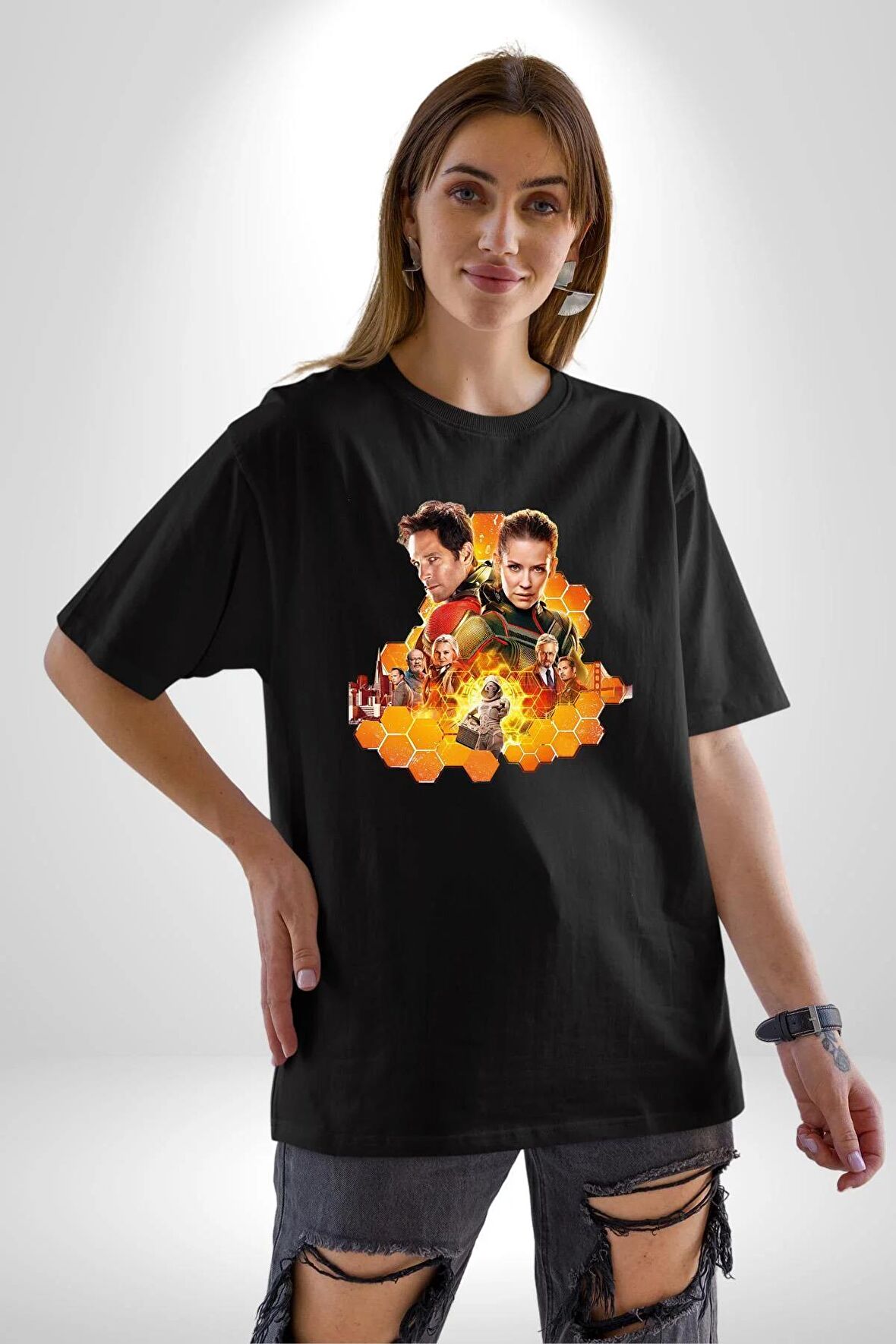 Antman ve Wasp  Pamuklu Bisiklet Yaka Kadın Erkek Oversize Boyfriend Dijital Baskılı Siyah T-shirt