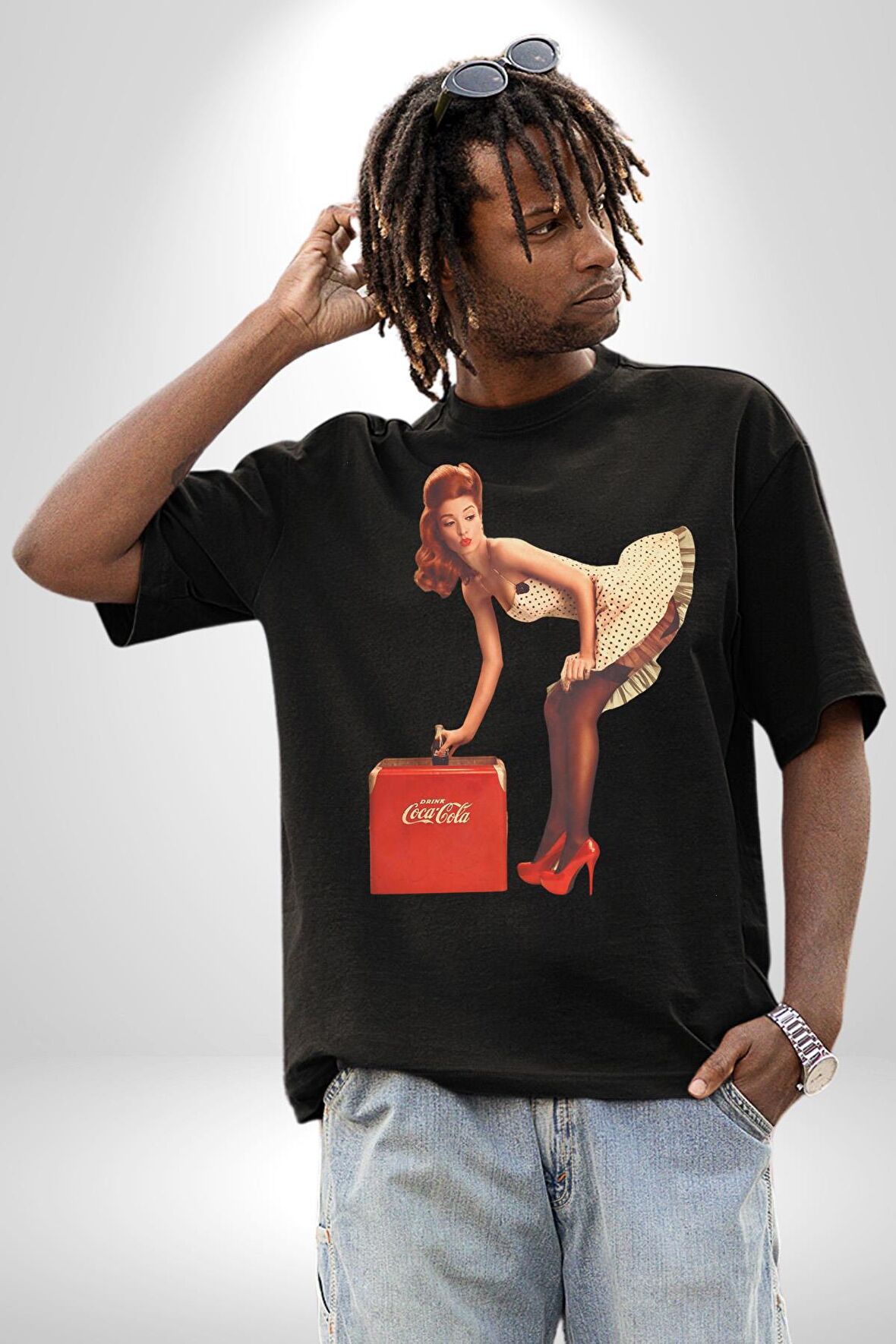CocaCola Reklam 80Ler Pamuklu Bisiklet Yaka Kadın Erkek Oversize Boyfriend Dijital Baskılı Siyah T-shirt