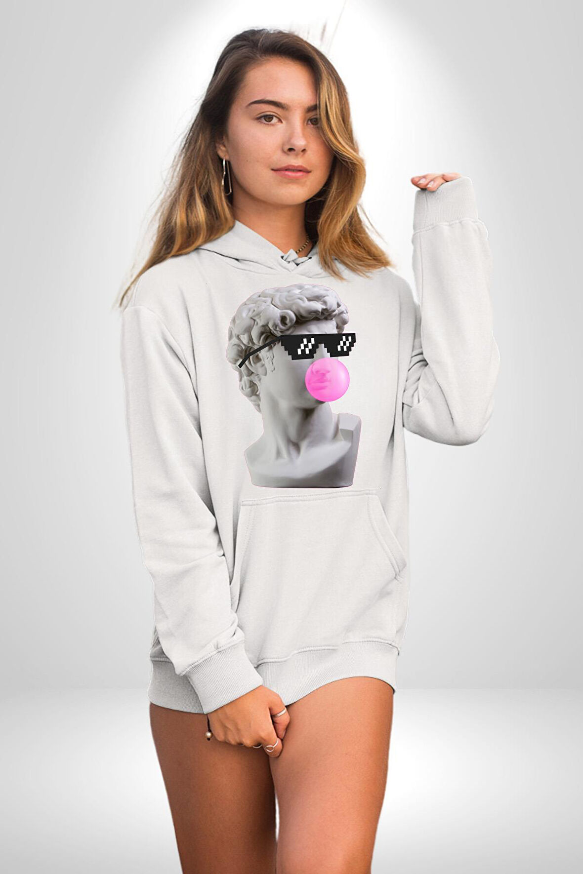 Gözlüklü David'in Kafasının Alçı Heykeli Kadın Erkek  Beyaz Kapüşonlu Sweatshirt Hoodie