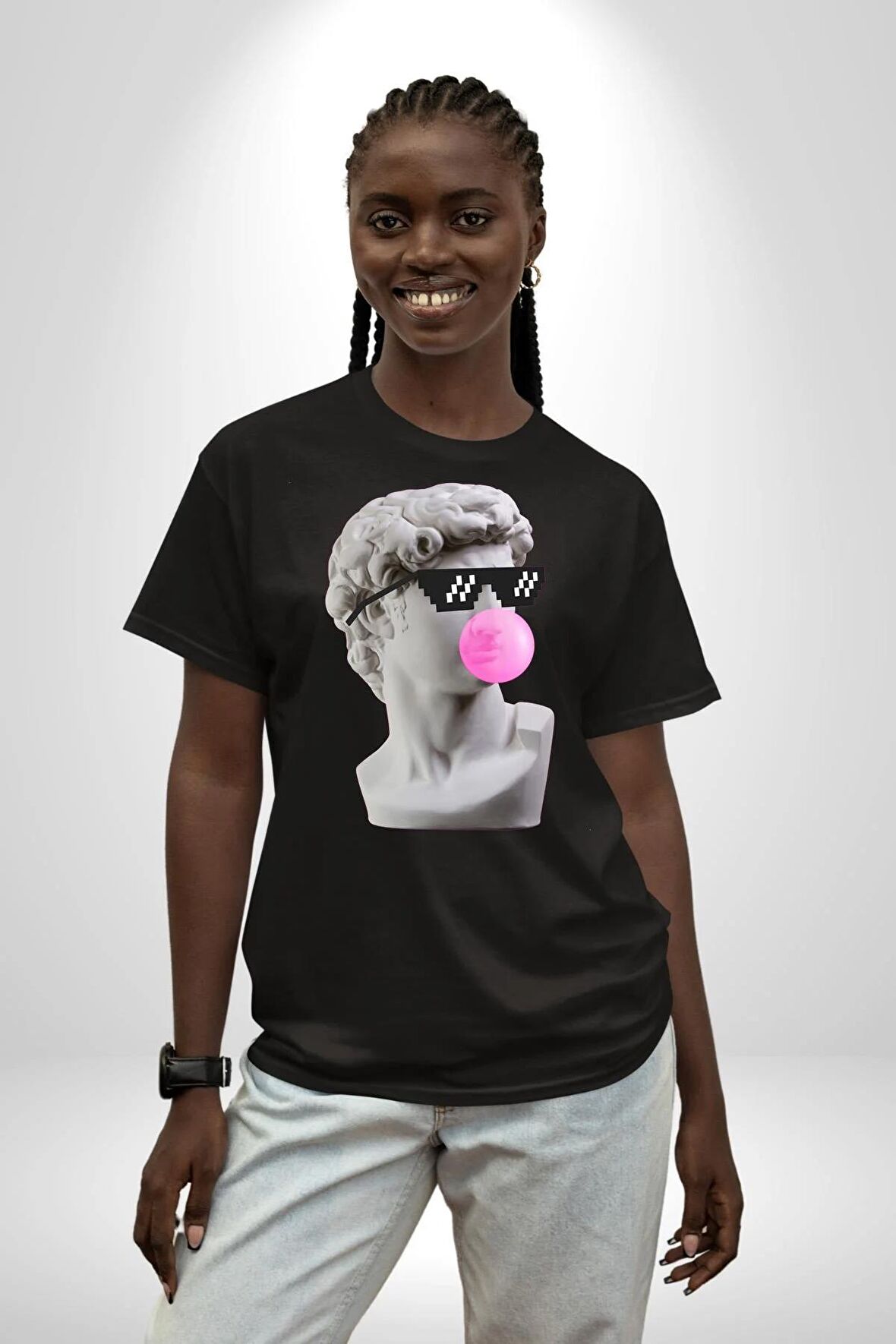 Gözlüklü David'in Kafasının Alçı Heykeli Pamuklu Bisiklet Yaka Kadın Erkek Oversize Boyfriend Dijital Baskılı Siyah T-shirt