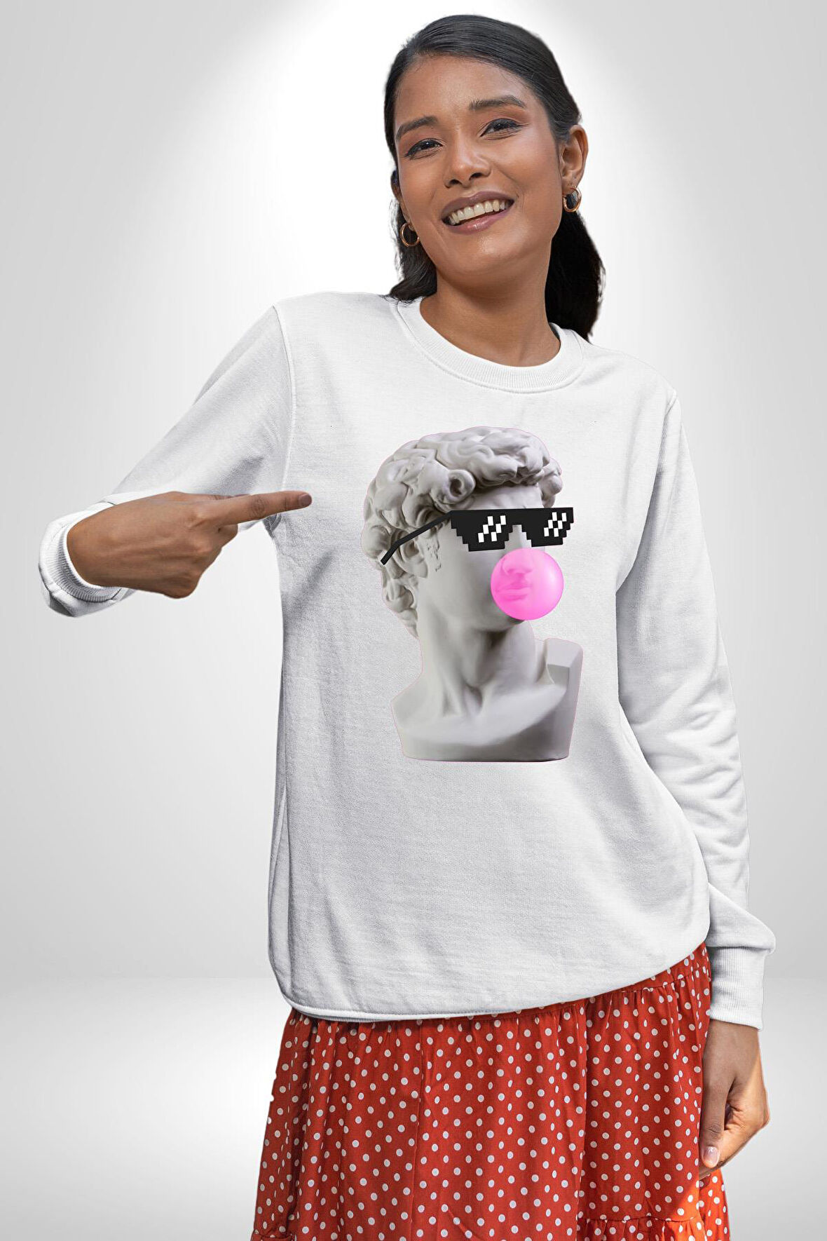 Gözlüklü David'in Kafasının Alçı Heykeli Kadın Erkek Beyaz Sweatshirt 