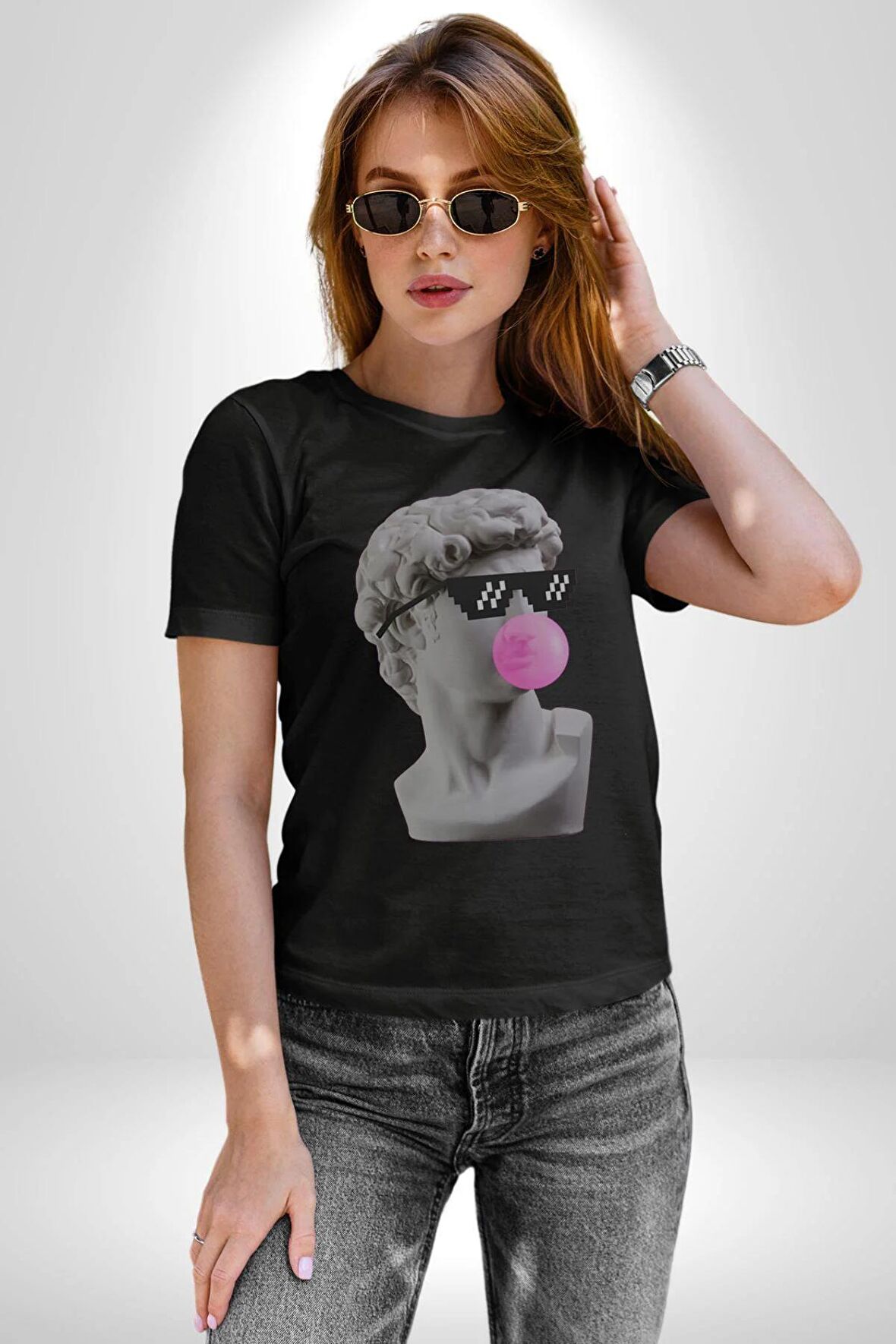 Gözlüklü David'in Kafasının Alçı Heykeli Kadın Erkek Unisex Siyah Organik Baskılı T-Shirt Penye Yüksek Kalite