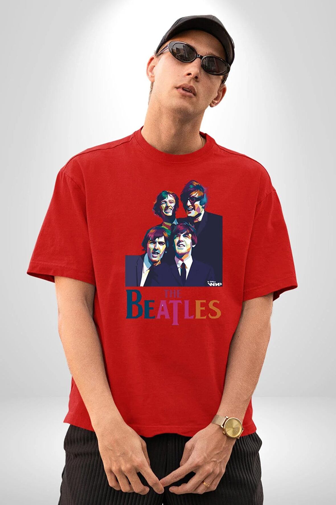 The Beatles Pamuklu Bisiklet Yaka Kadın Erkek Oversize Boyfriend Dijital Baskılı Kırmızı T-shirt