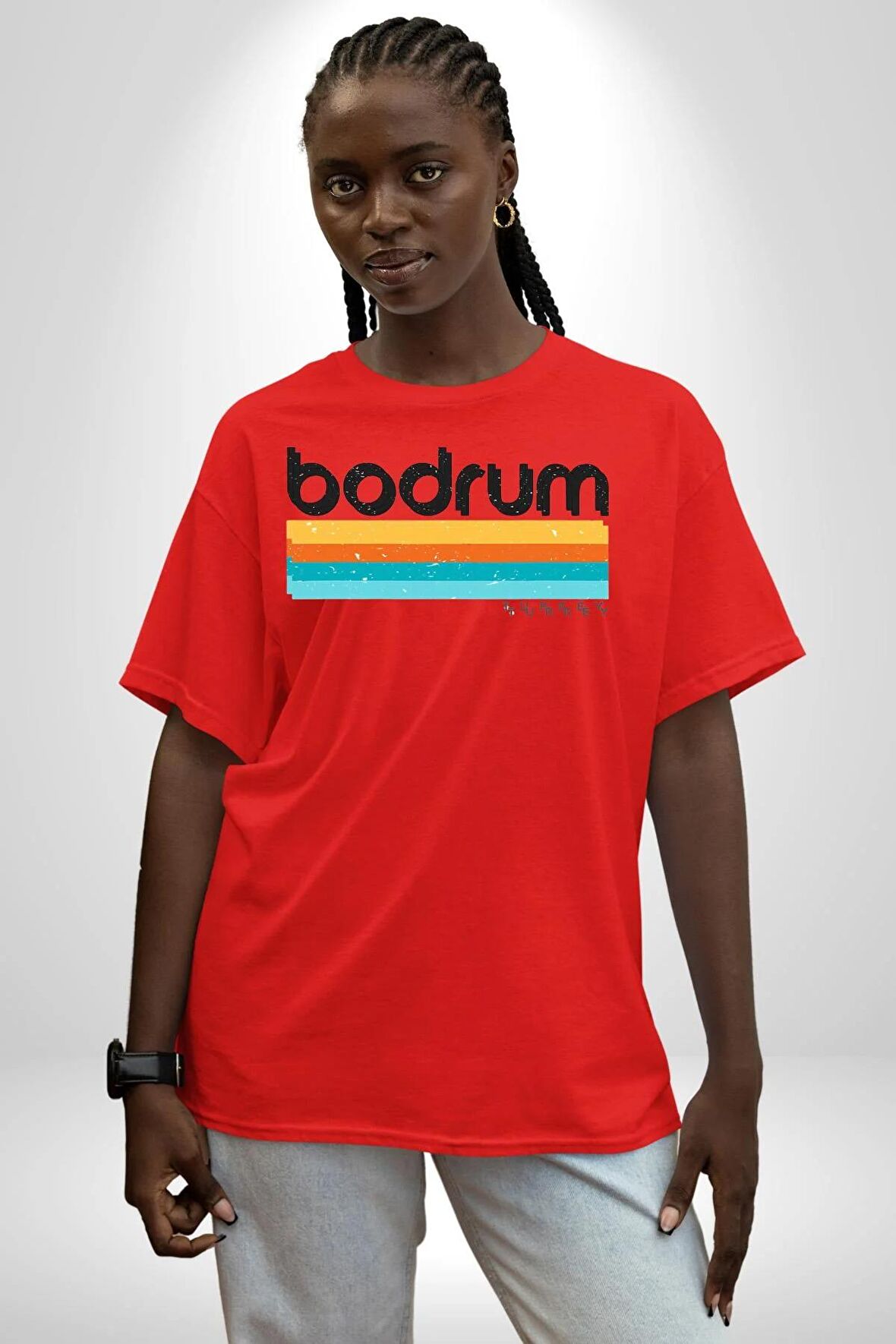 Bodrum Türkiye Pamuklu Bisiklet Yaka Kadın Erkek Oversize Boyfriend Dijital Baskılı Kırmızı T-shirt
