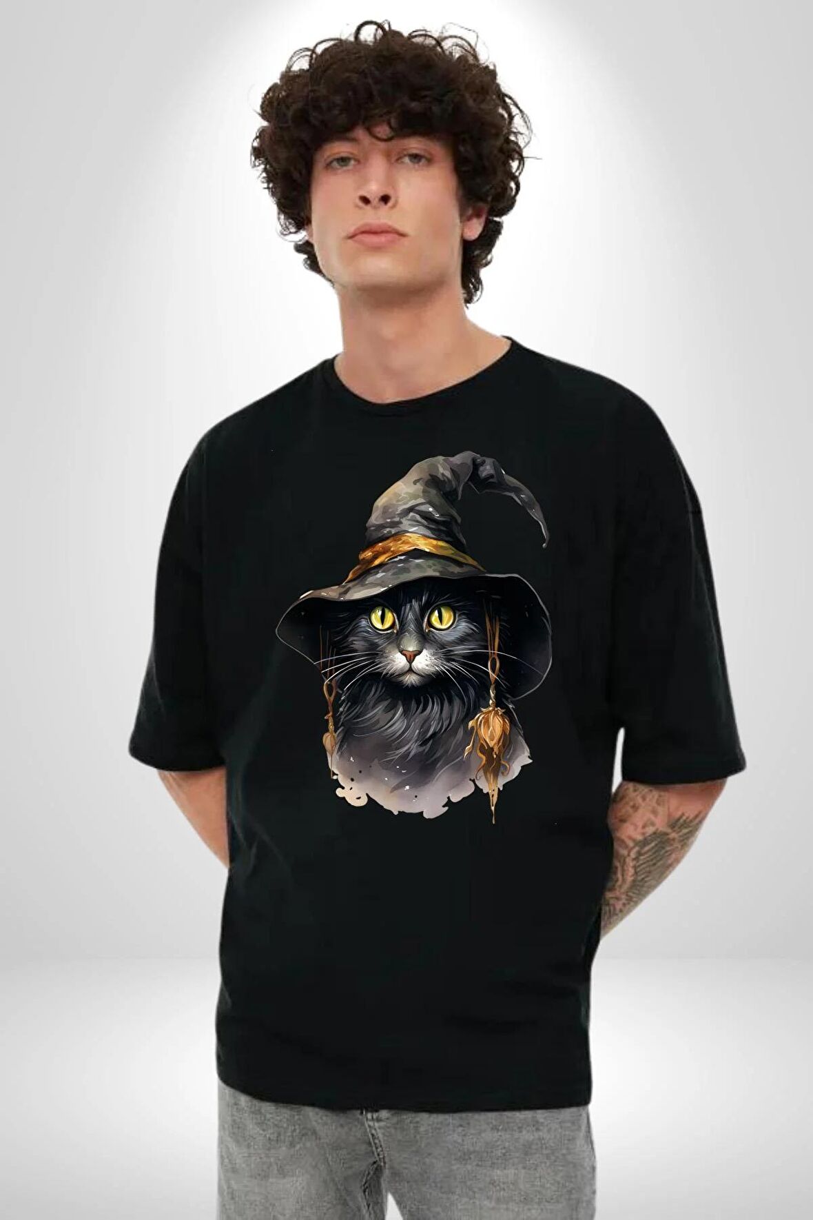 Cadı Şapkalı Kedi Siyah Pamuklu Bisiklet Yaka Kadın Erkek Oversize Boyfriend Dijital Baskılı Siyah T-shirt
