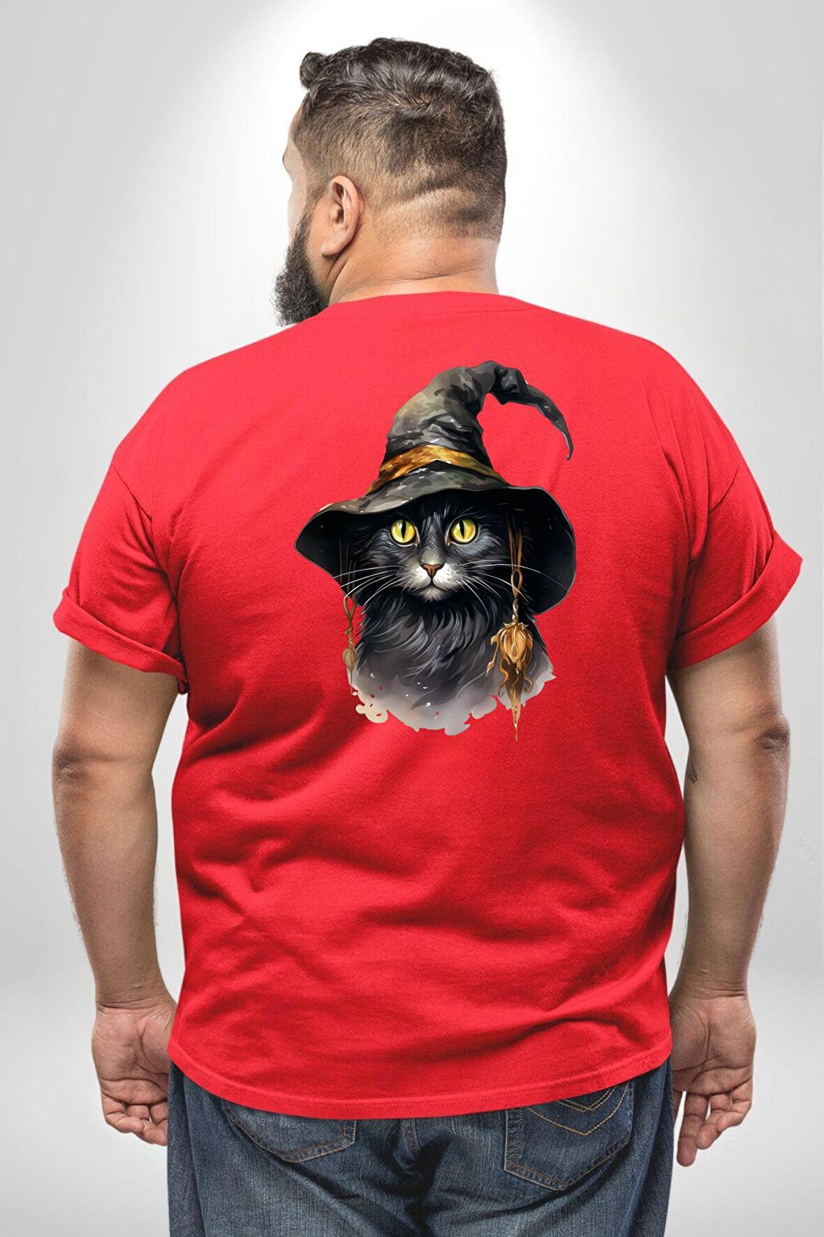 Cadı Şapkalı Kedi Kırmızı Büyük Beden Kırmızı Tişört Kadın Erkek Ünisex Sırt Baskılı