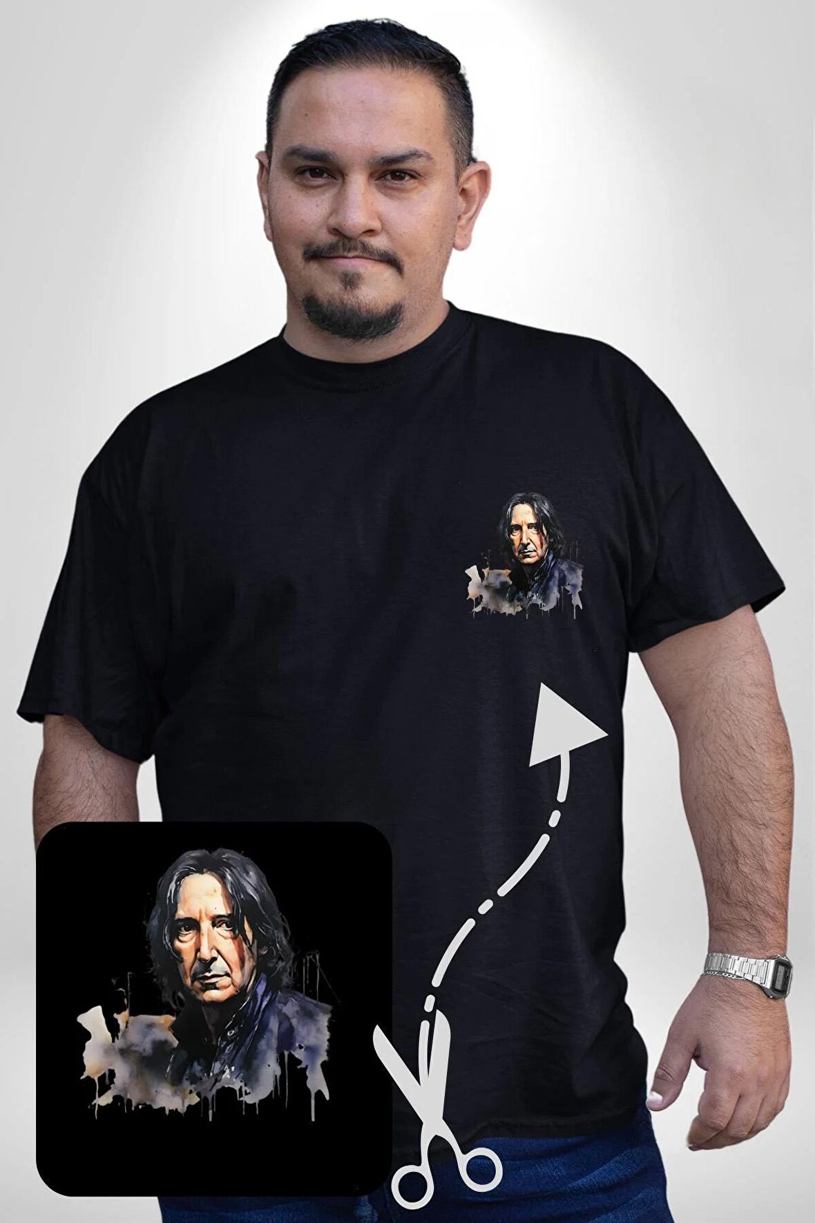 Severus Snape Sulu Boya Siyah Büyük Beden Kadın Basic Minimal Baskılı Tişört