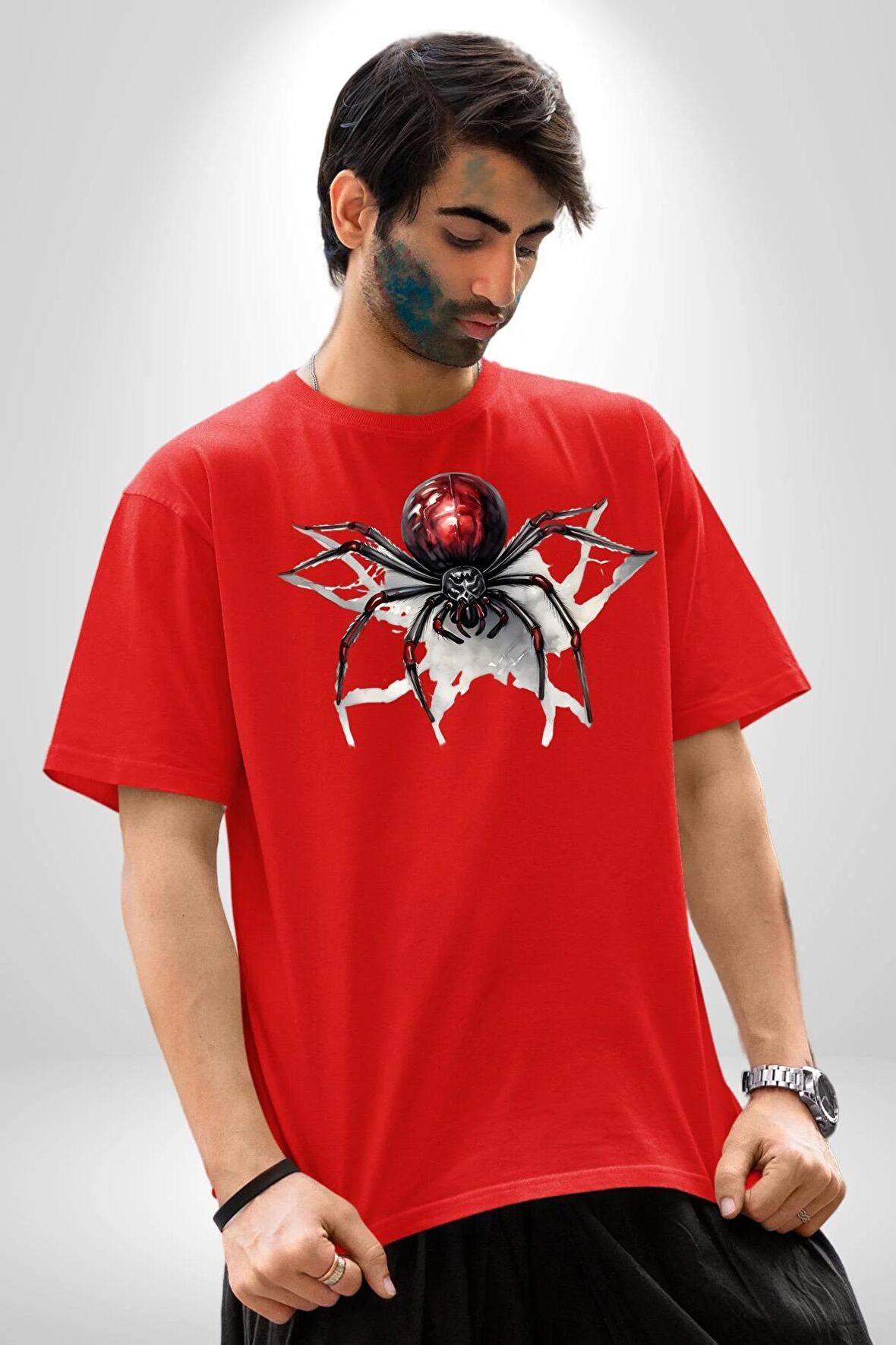 Siyah Örümcek Pamuklu Bisiklet Yaka Kadın Erkek Oversize Boyfriend Dijital Baskılı Kırmızı T-shirt