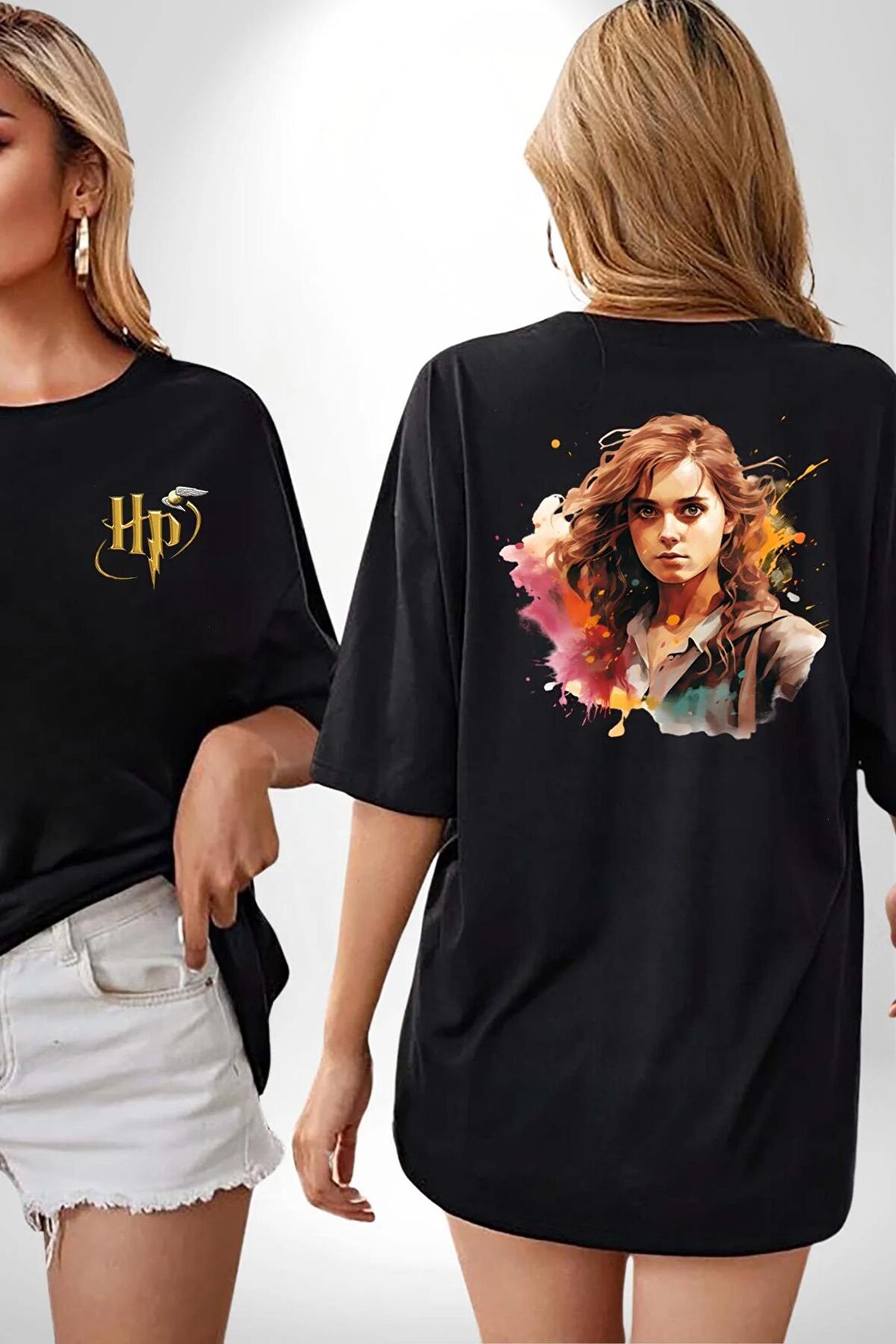 Hermione Granger Harry Potter Siyah Oversize Kadın Erkek Ön ve Sırt Baskılı Tişört