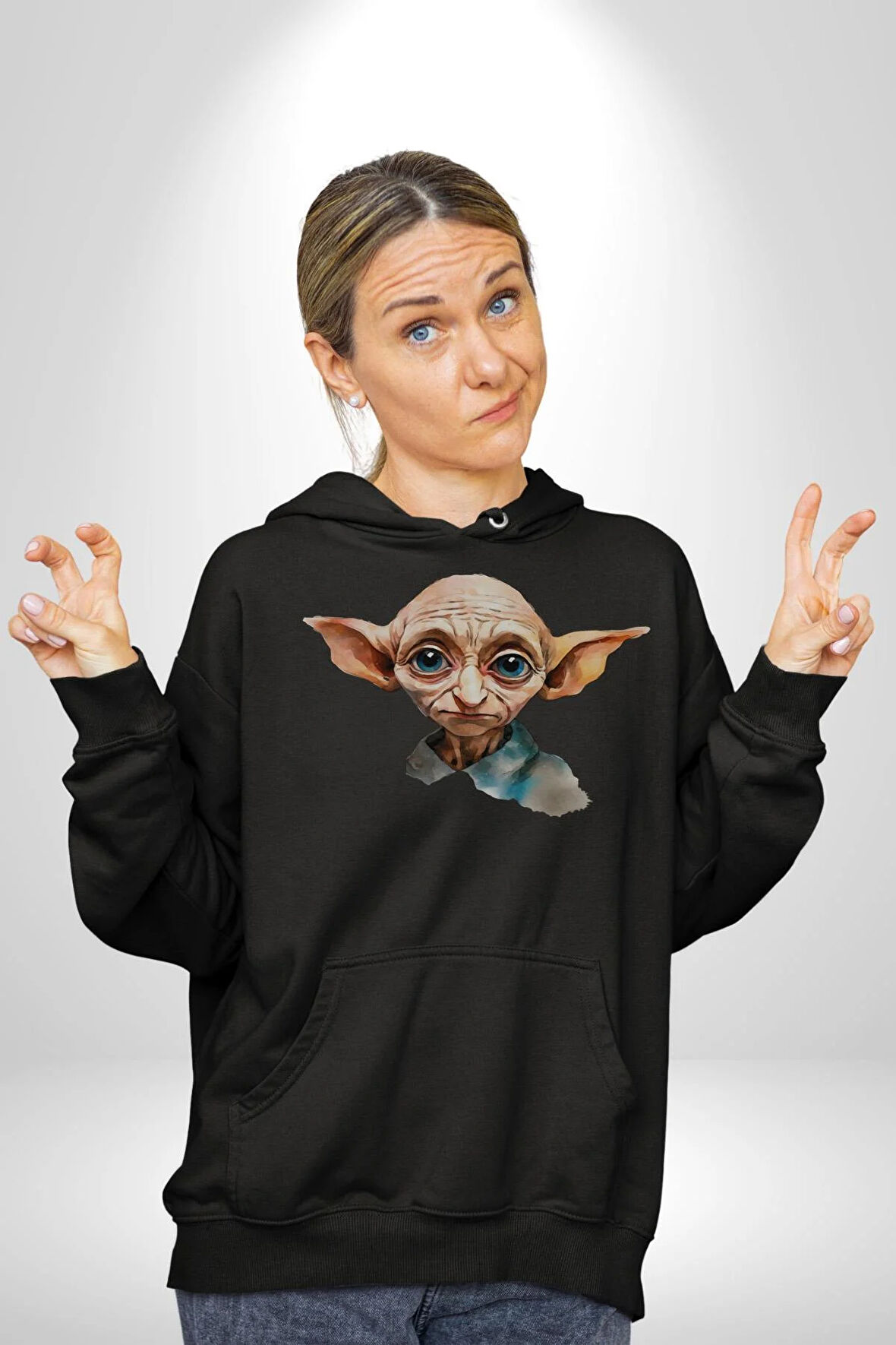 Dobby Elf Harry Potter Sulu Boya Kadın Erkek  Siyah Kapüşonlu Sweatshirt Hoodie