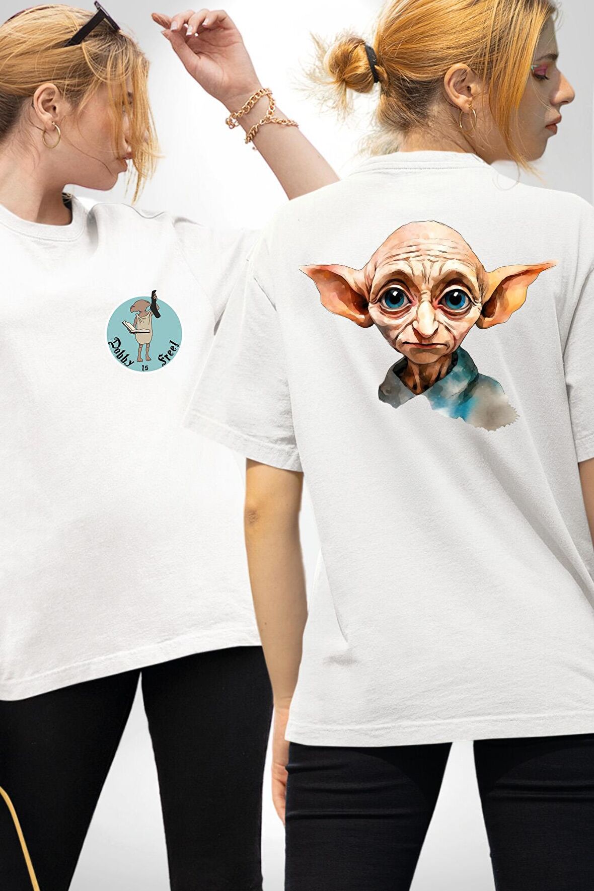 Dobby Elf Harry Potter Sulu Boya Beyaz Oversize Kadın Erkek Ön ve Sırt Baskılı Tişört