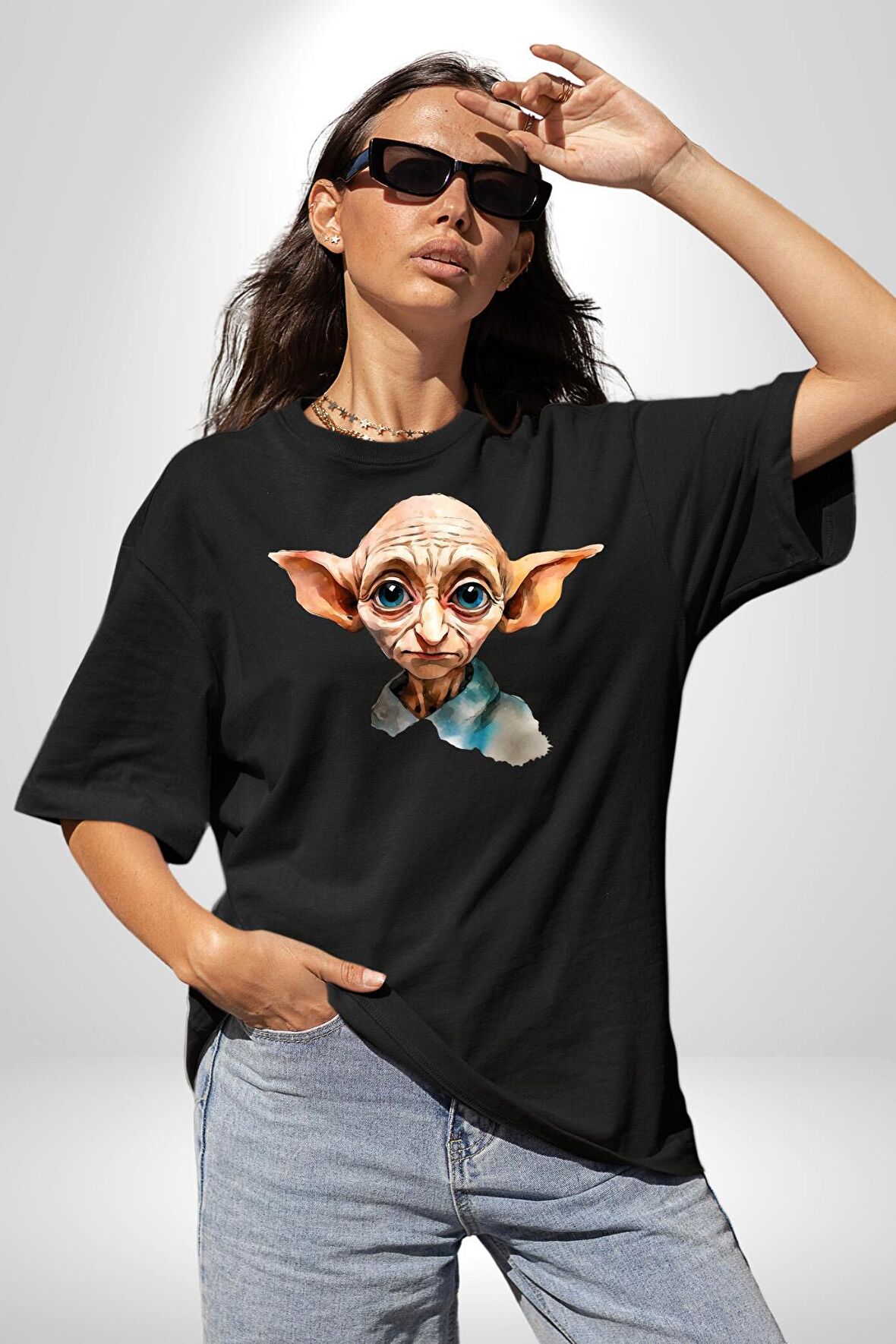 Dobby Elf Harry Potter Sulu Boya Pamuklu Bisiklet Yaka Kadın Erkek Oversize Boyfriend Dijital Baskılı Siyah T-shirt