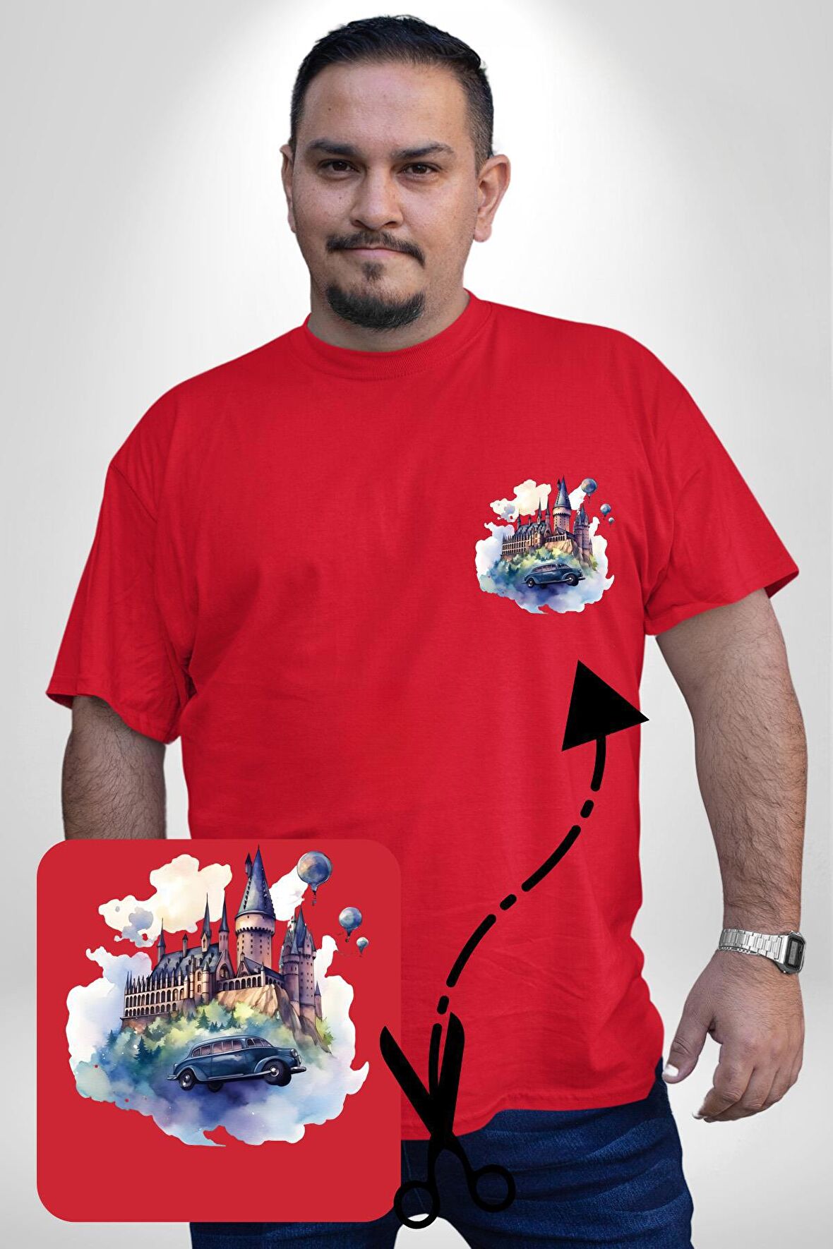 Harry Potter Hogwarts Ucan Araba Kırmızı Büyük Beden Kadın Basic Minimal Baskılı Tişört