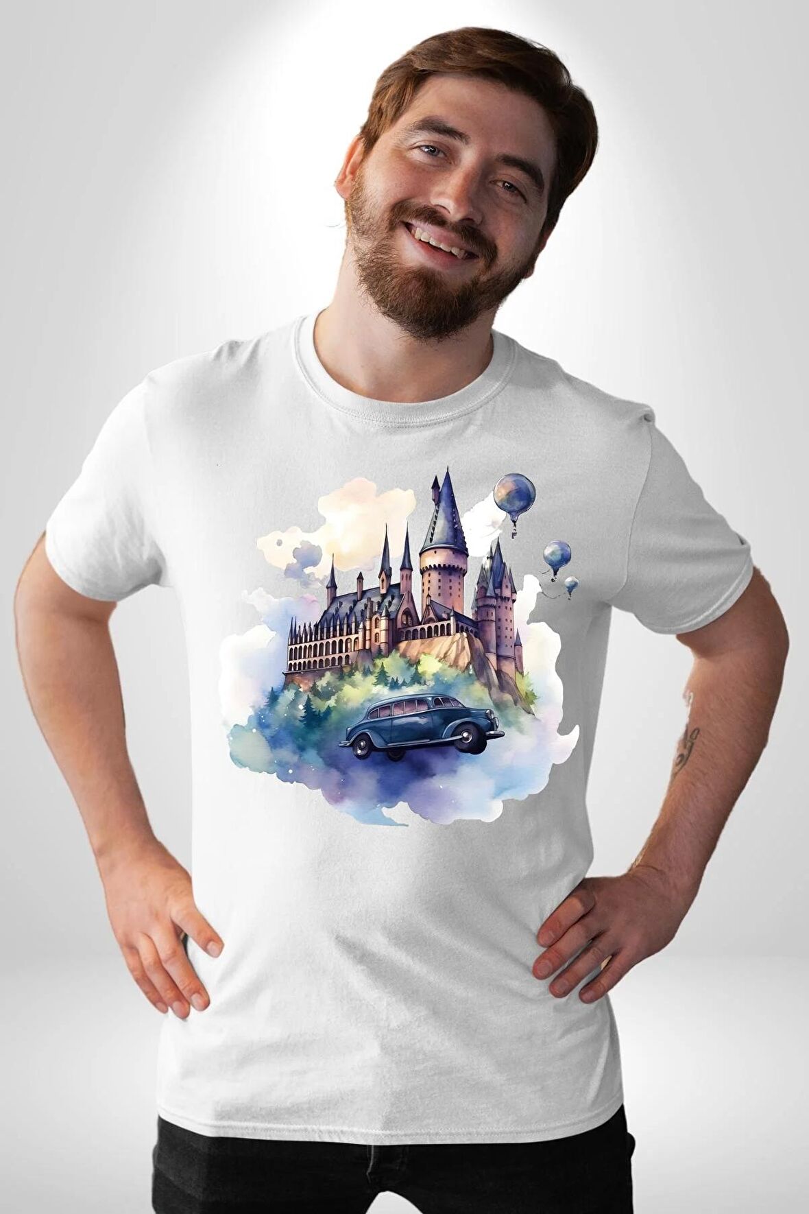 Harry Potter Hogwarts Ucan Araba Kadın Erkek Unisex Beyaz Organik Baskılı T-Shirt Penye Yüksek Kalite