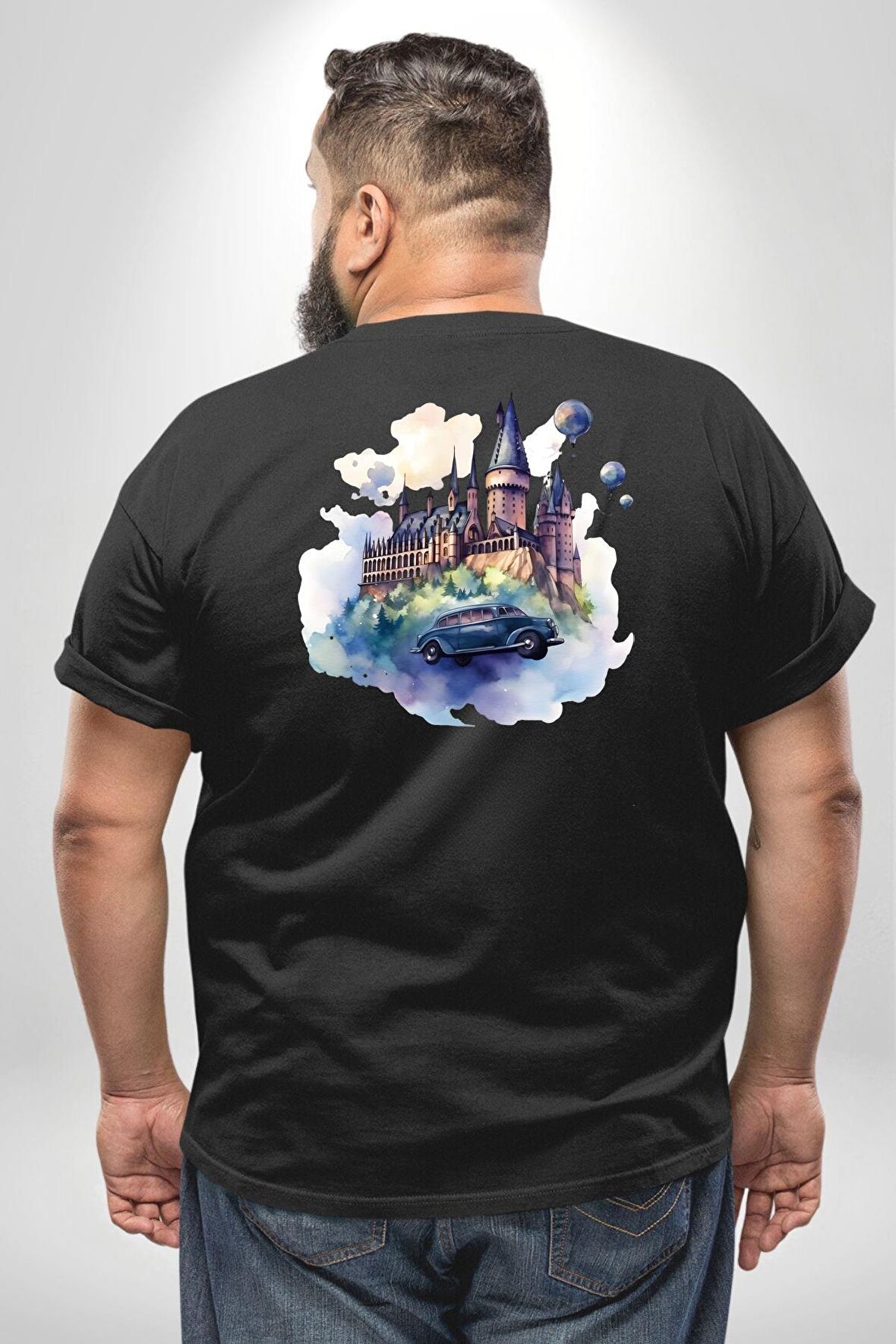 Harry Potter Hogwarts Ucan Araba Büyük Beden Siyah Tişört Kadın Erkek Ünisex Sırt Baskılı