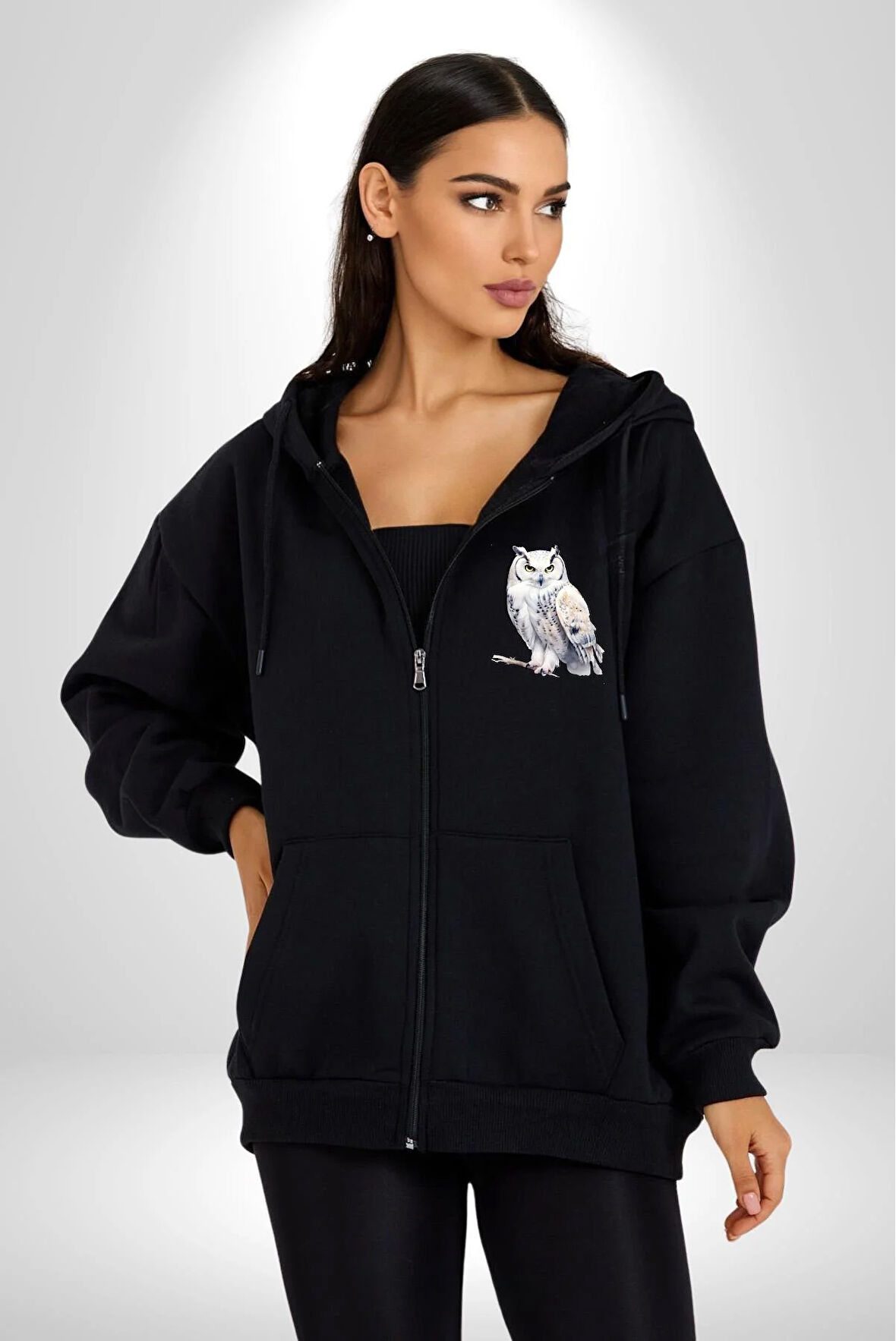 Beyaz Baykuş Harry Potter Posta  Kadın Erkek Siyah Kapüşonlu Fermuarlı Baskılı Hırka Sweatshirt