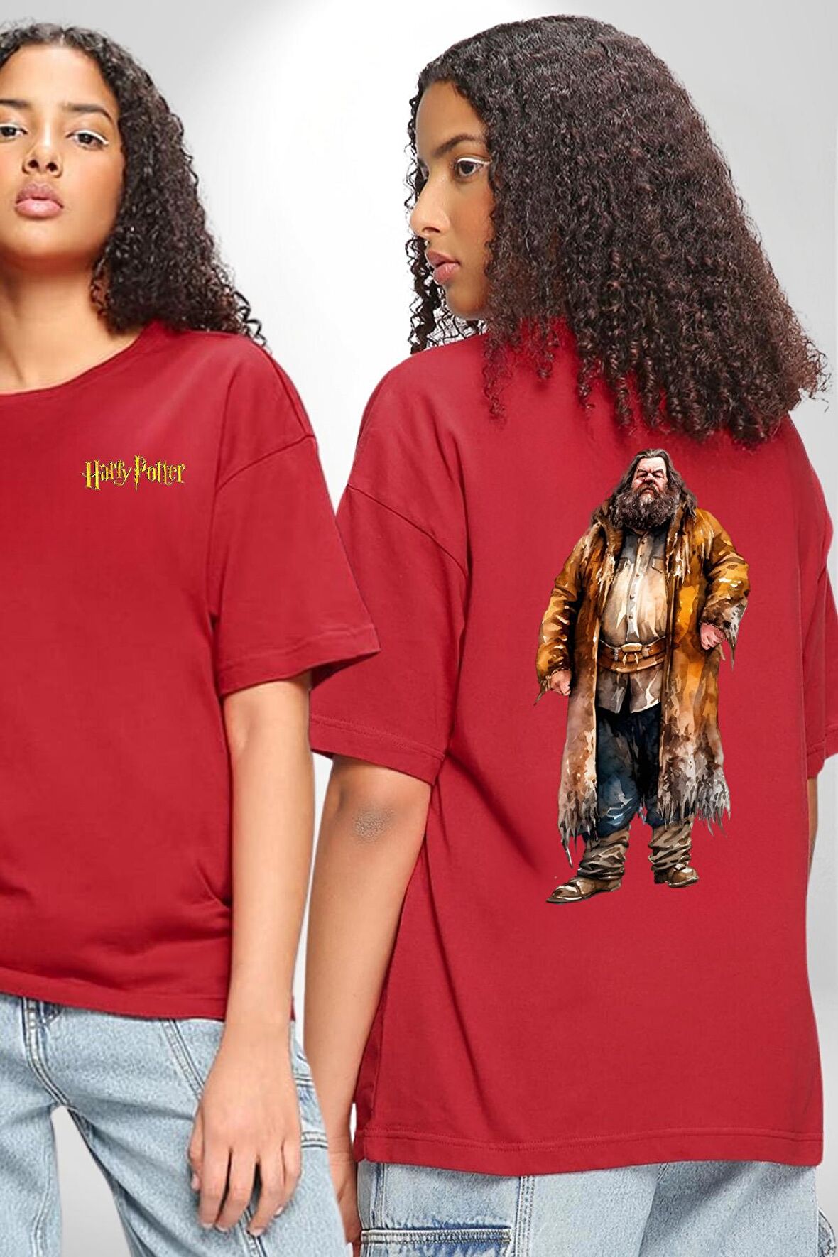 Rubeus Hagrid Harry Potter Karakteri  Kırmızı Oversize Kadın Erkek Ön ve Sırt Baskılı Tişört