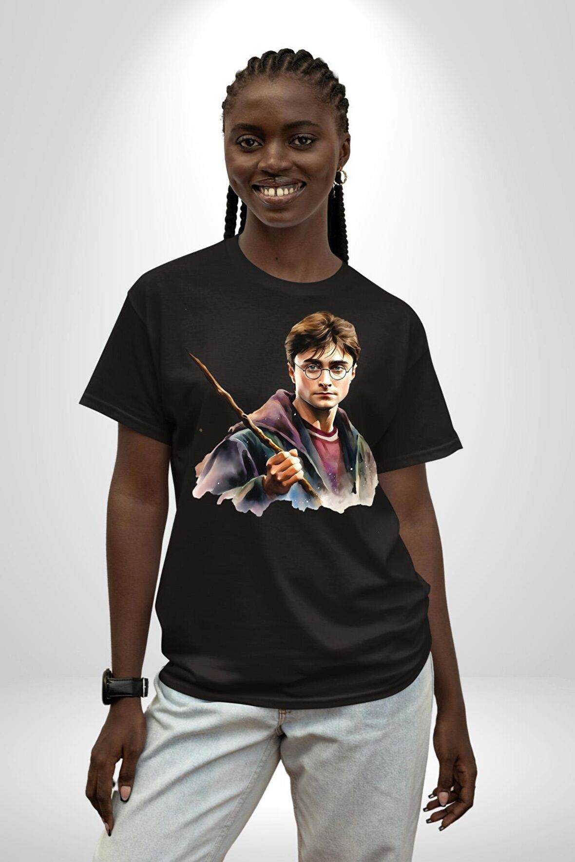 Sulu Boya Harry Potter Pamuklu Bisiklet Yaka Kadın Erkek Oversize Boyfriend Dijital Baskılı Siyah T-shirt